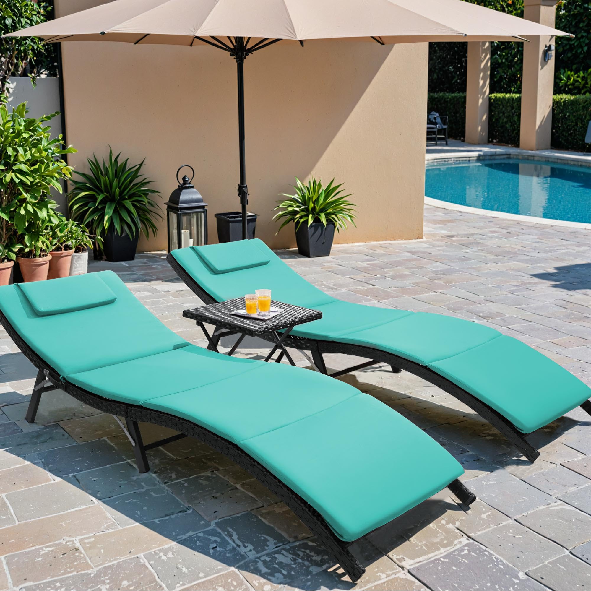 Flamaker 3-Piece Outdoor Chaise Lounge Set with Cushions - Modern PE Wicker Rattan Patio Furniture, Non-Adjustable Backrest & Folding Table (Blue) - Perfect for Poolside Relaxation, Backyard Lounging & Sunbathing