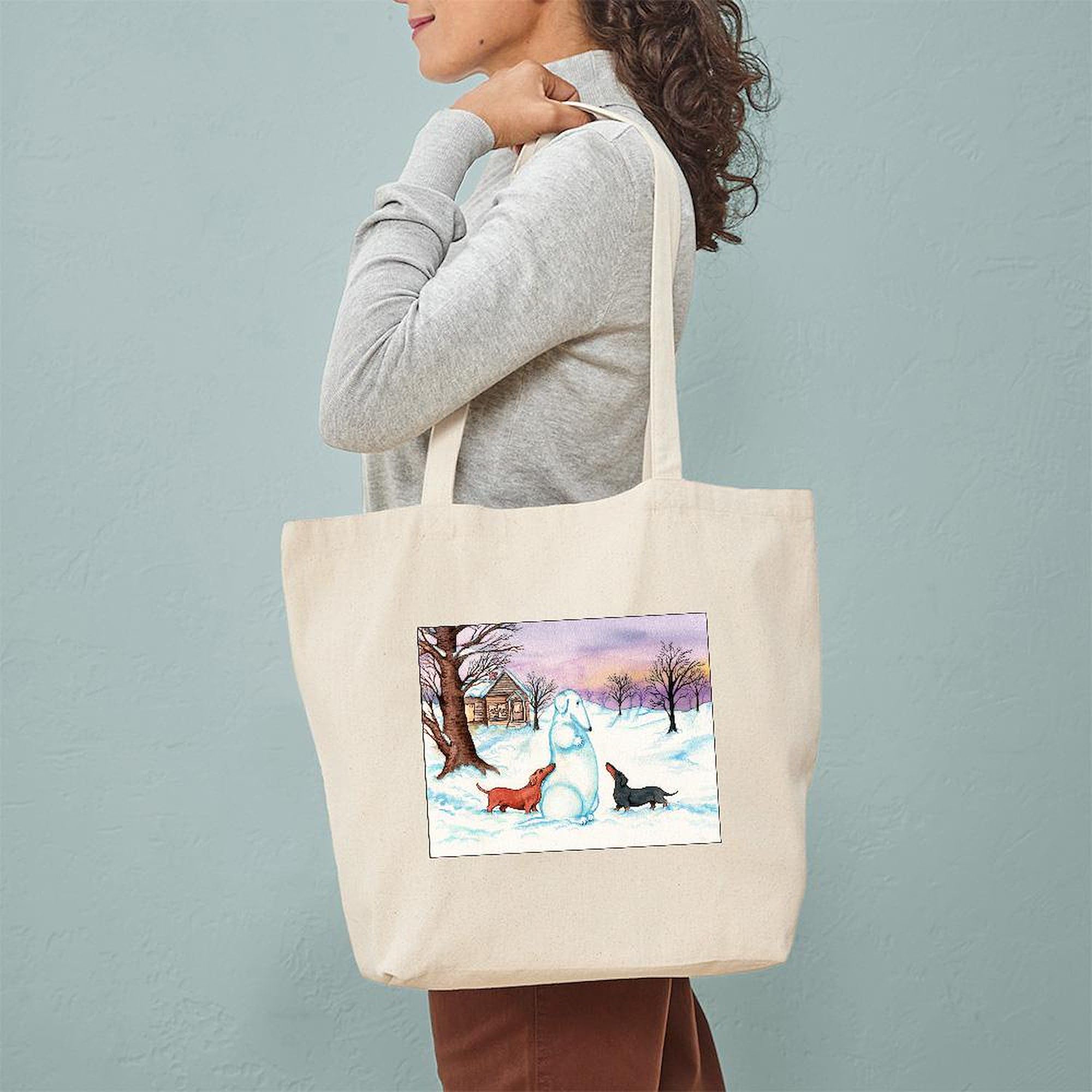 Snow Dachshunds Tote Bag - Natural Canvas Reusable Shopping Bag for Groceries, Beach & Daily Use | Eco-Friendly Cotton Tote with Dachshund Print