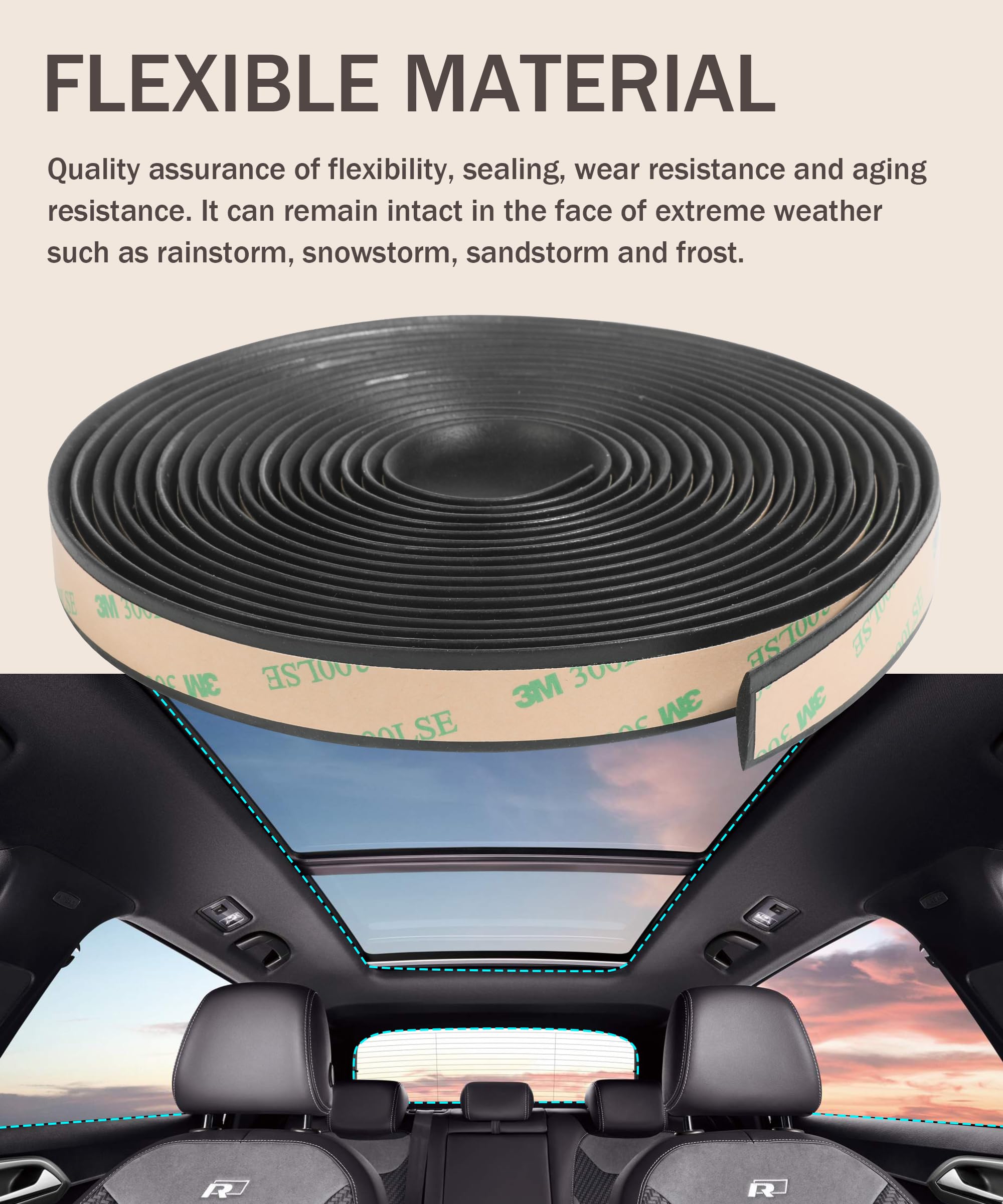 16.4Ft Car Weather Stripping - Sunroof Seal, Windshield Rubber Strip, Edge Trim for Front/Rear Windshield, Windows - Durable Car Accessories for All-Weather Protection