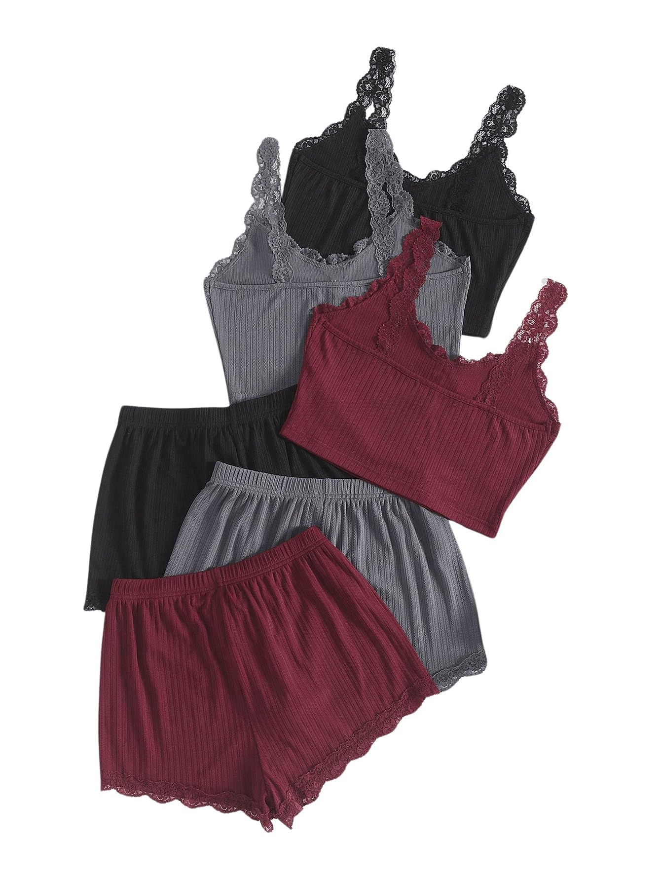 SOLY HUX Women's 3-Piece Pajama Set - Lace Trim Button-Down Camisole, Crop Tank Top & Shorts - Soft Sleepwear & Lounge Wear for Nighttime Comfort, Vacation & Relaxation at Home