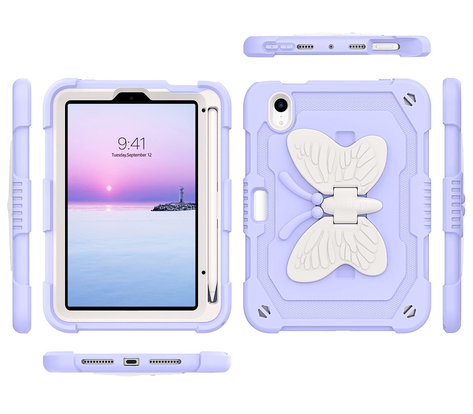 BENTOBEN iPad Mini 7 Case with Pencil Holder & Kickstand - Shockproof Protective Cover for iPad Mini 7th/6th Gen (2024/2021) - Heavy Duty Bumper Case for Kids & Adults - Purple Design - Perfect for School, Travel & Everyday Use