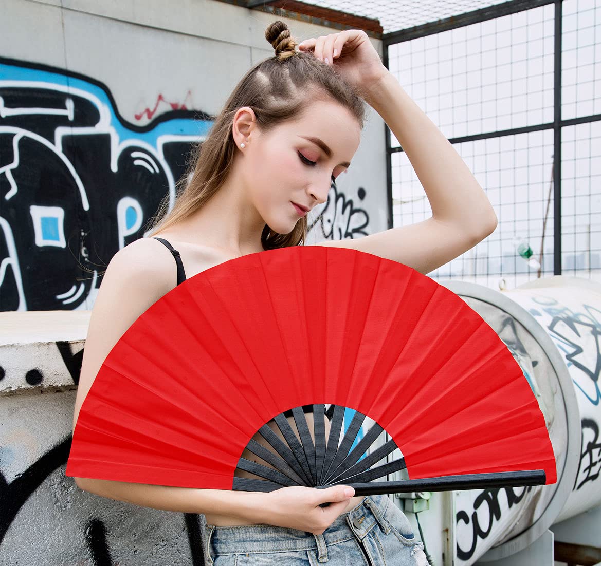 Amajiji Large Folding Hand Fan for Women & Men - Traditional Chinese/Japanese Bamboo & Nylon Cloth Fan - Perfect for Dance Performances, Festivals, Events, Gifts & Home Decor (Red) | Great for Raves, Cosplay, Weddings & Summer Cooling