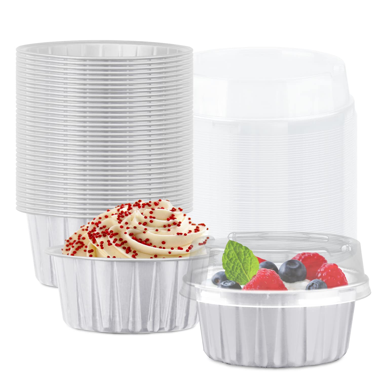 50 Pack Disposable Aluminum Foil Baking Cups with Lids - Silver Cupcake & Muffin Liners, Mini Pudding Dessert Containers - Perfect for Birthday Parties, Christmas Baking, and Home Kitchen Use