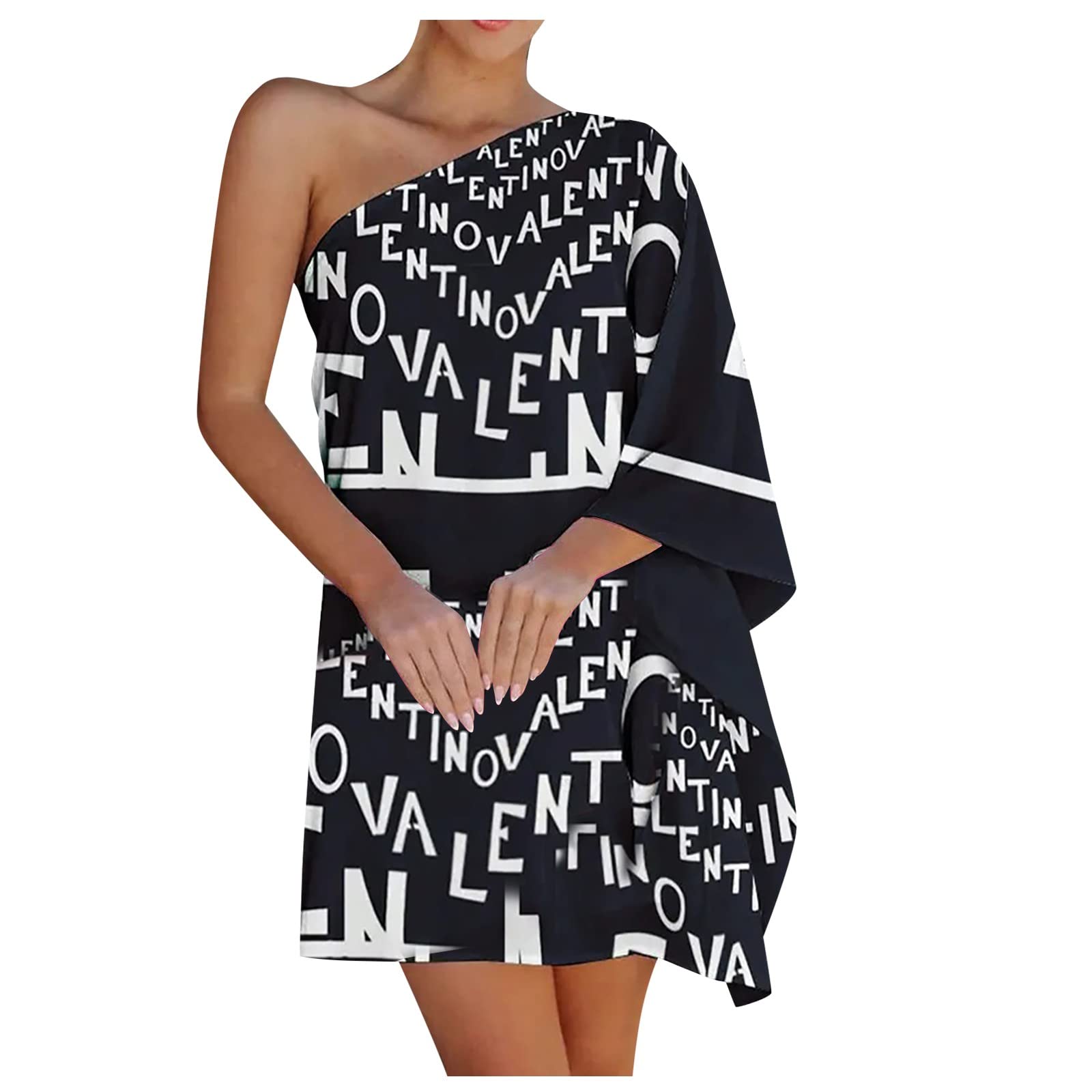 Women's Floral Print Summer Dress with Batwing Sleeves & One Shoulder Chain Strap - Sexy Mini Club Dress for Night Out, Beach Vacation & Party Wear