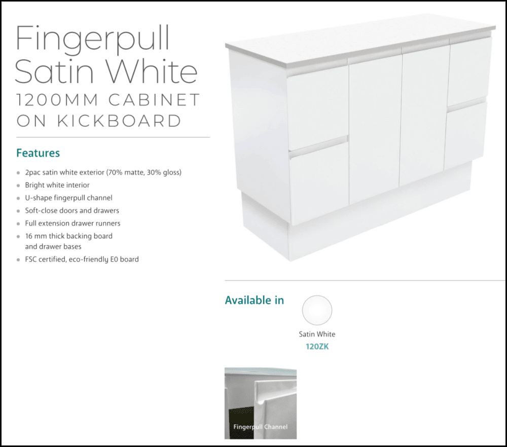 Fienza 1200mm TCL120ZK Dolce Fingerpull Vanity with Kickboard in Matte White – Modern Bathroom Sink Cabinet for Small Spaces & Stylish Home Decor