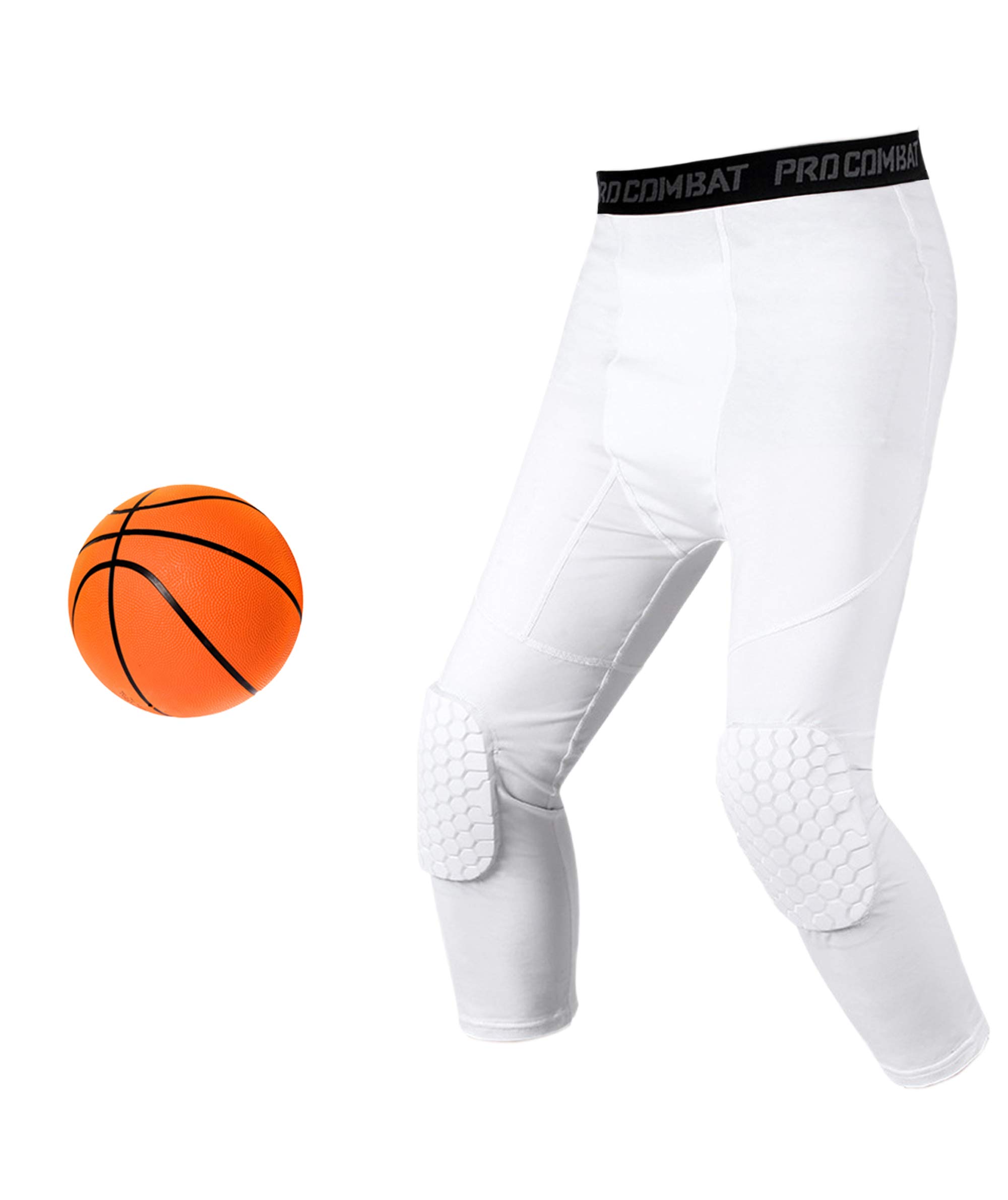 Basketball Compression Pants with Protective Pads - White 3/4 Length Capri Pants for Men & Women - Breathable Padded Leggings for Basketball Training & Games