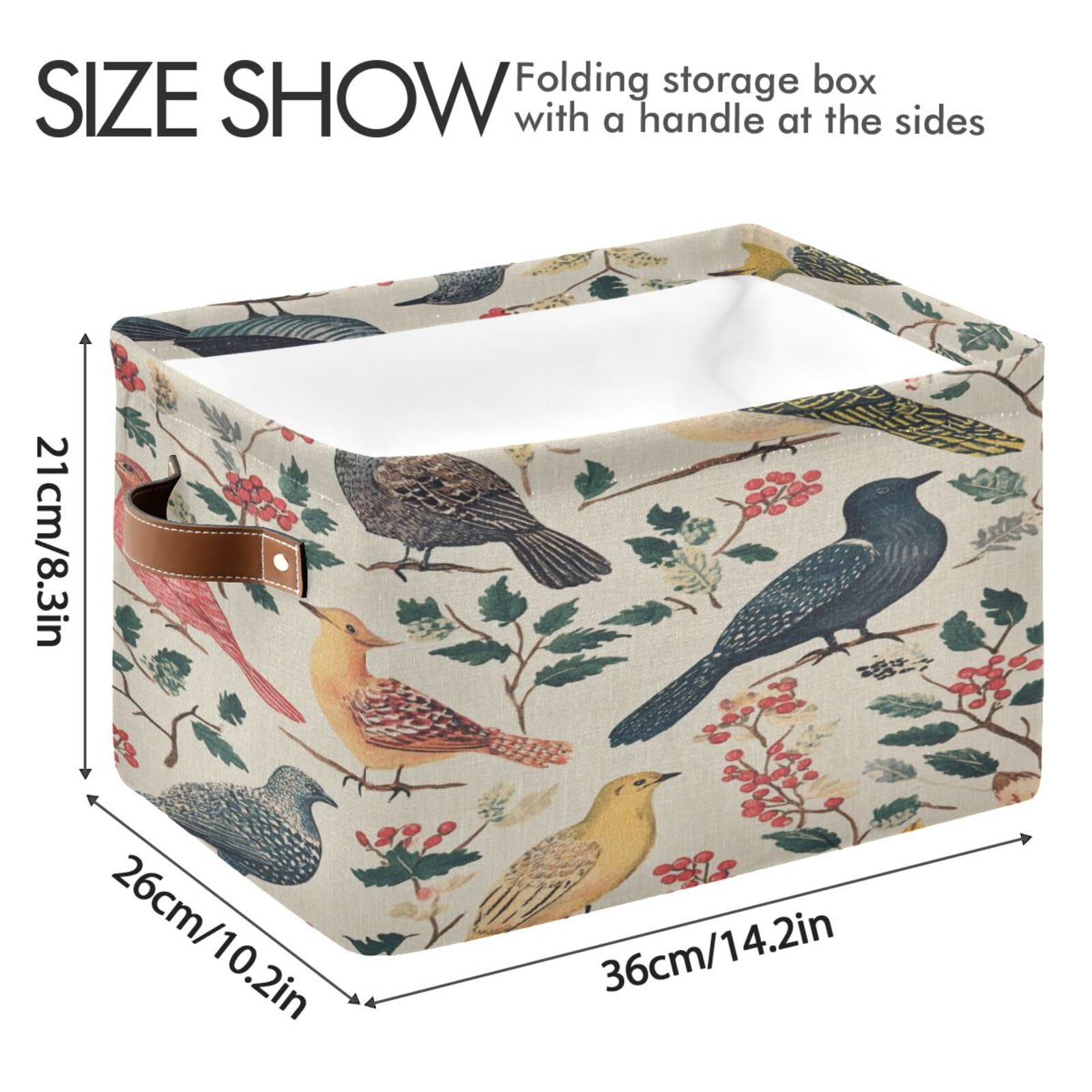 Large Fabric Storage Bins with Handles - Vintage Birds Collapsible Baskets for Clothes, Toys & Home Organization