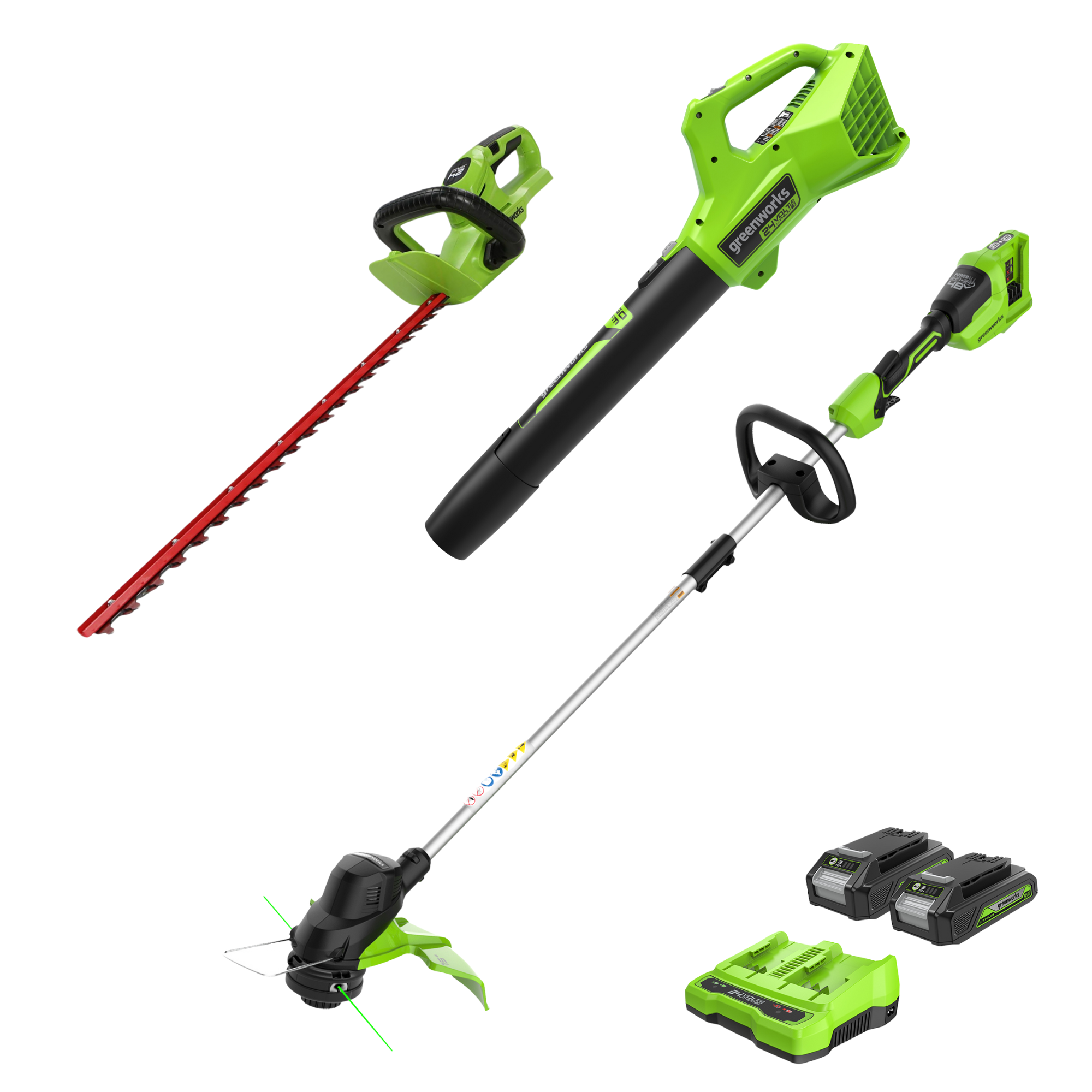 48V (2x24V) 15-Inch Cordless Battery TORQDRIVE™ String Trimmer Combo Kit with 24V 320 CFM Blower & 24V 22-Inch Hedge Trimmer - Includes (2) 2.0Ah USB Batteries & Charger - Perfect for Lawn Care, Yard Maintenance, and Landscaping