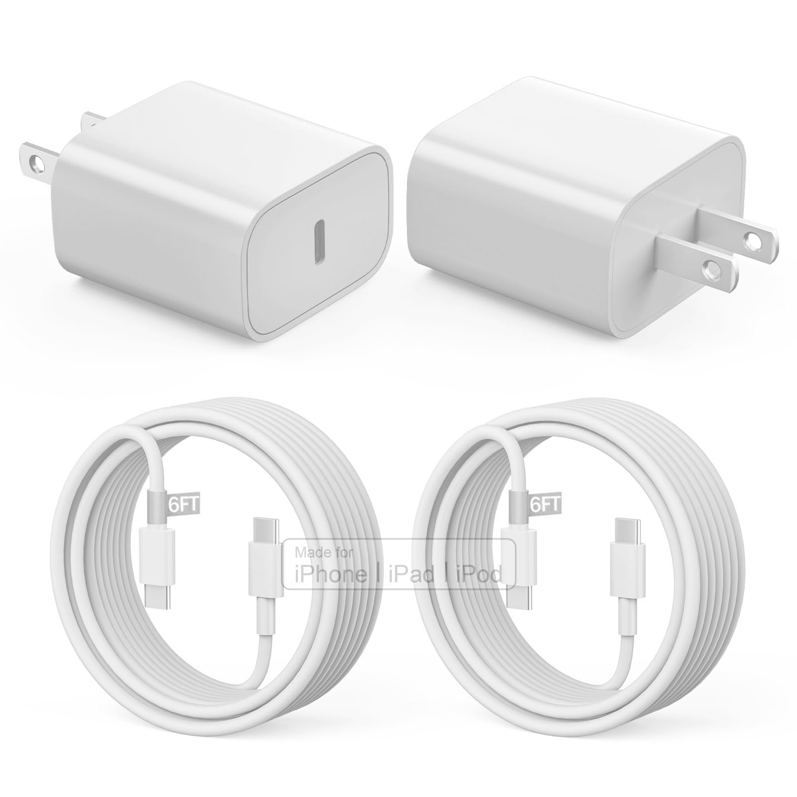 20W USB C Fast Charger Block for iPhone 16/16 Pro/16 Pro Max/15/15 Plus/15 Pro/15 Pro Max & iPad - 2 Pack with 6ft Cables - Quick Charging for Home, Office & Travel
