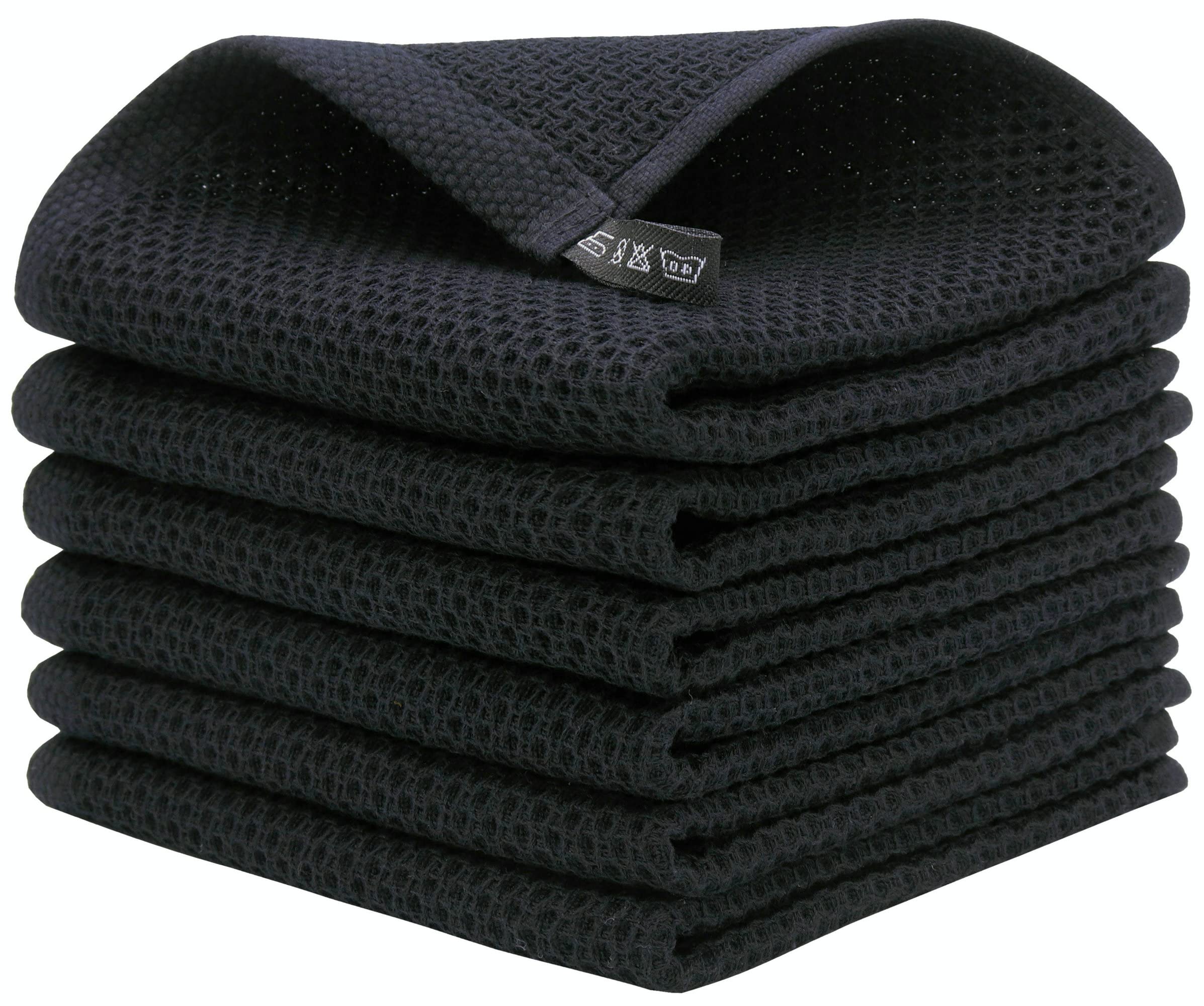 Premium Cotton Waffle Weave Dish Cloths - Super Soft & Absorbent Kitchen Towels (13x13 Inch, 6-Pack, Black) for Washing Dishes, Cleaning Countertops & Drying Hands
