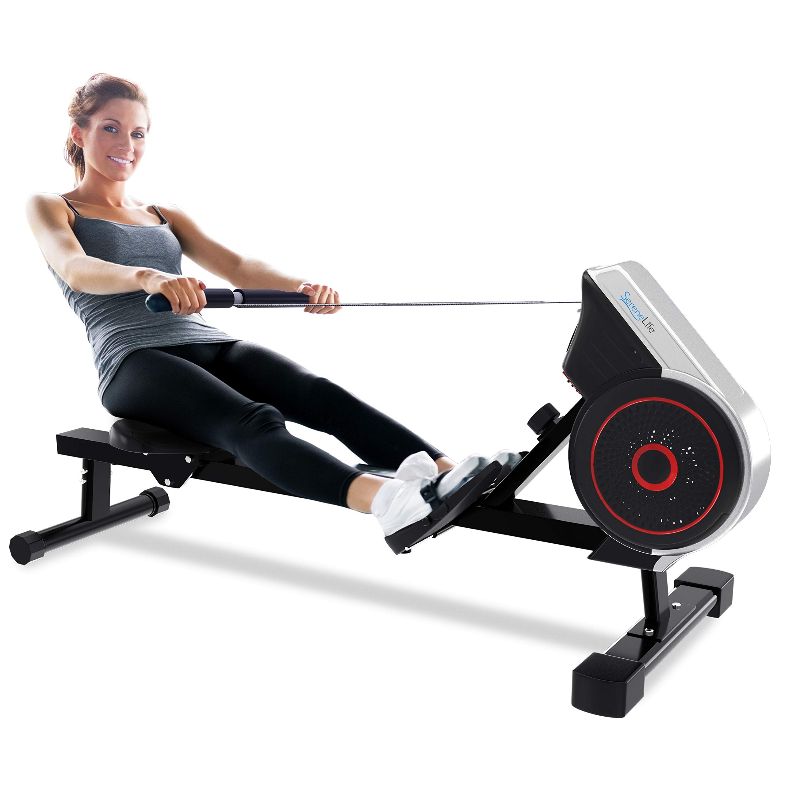 SereneLife Air & Magnetic Rowing Machine with LCD Monitor - Track Time, Distance, Stride & Calories Burned - Home Gym Cardio Equipment for Full Body Workout - Perfect for Indoor Fitness, Weight Loss & Cross Training
