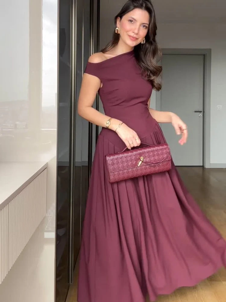 Elegant Off Shoulder Pleated Midi Dress for Women - High Waist A-Line Summer Dress with Unique Hem Design | Perfect for Office Commute, Date Night & Summer Parties