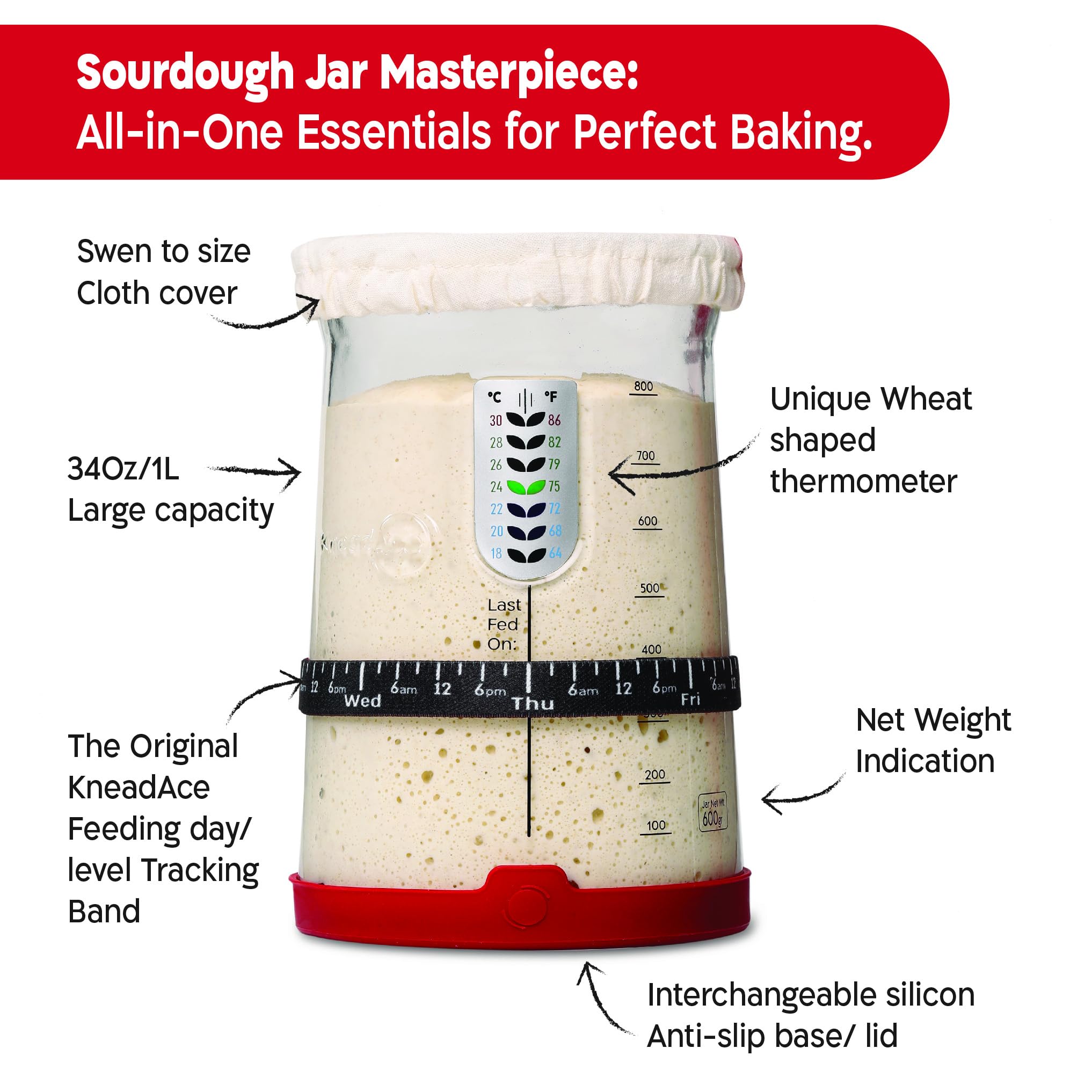 Pro Sourdough Bread Starter Kit - 34oz Large Capacity Jar with 5 Unique Features | Perfect for Homemade Sourdough Bread Baking | Ideal for Beginners & Expert Bakers | Kitchen Baking Supplies for Bread Making