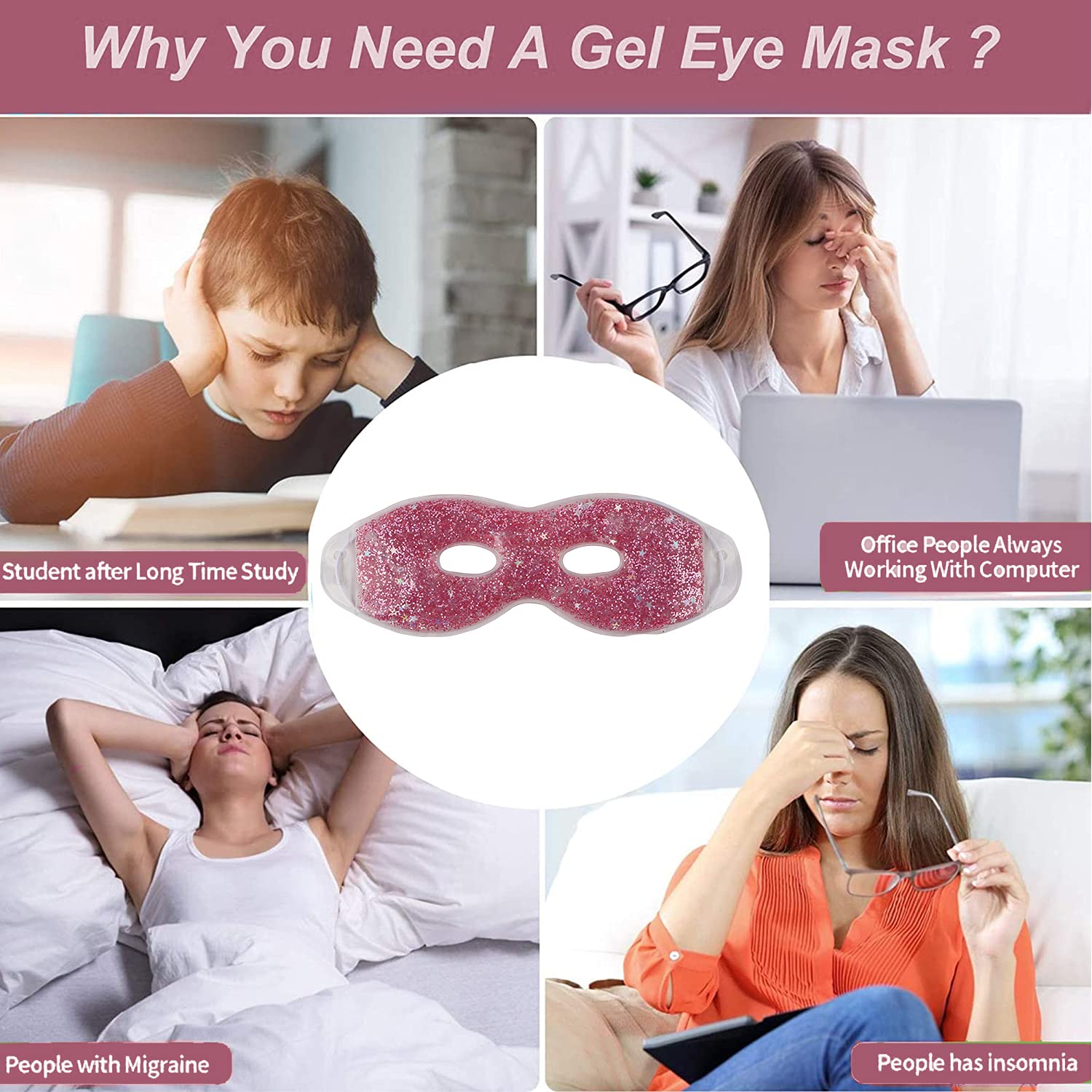 Zureni Cooling Gel Eye Mask for Dark Circles, Puffy Eyes & Redness Relief - Reusable Cold Compress Under Eye Patches for Women & Men (Pink) - Perfect for Sleep, Travel & Post-Surgery Recovery