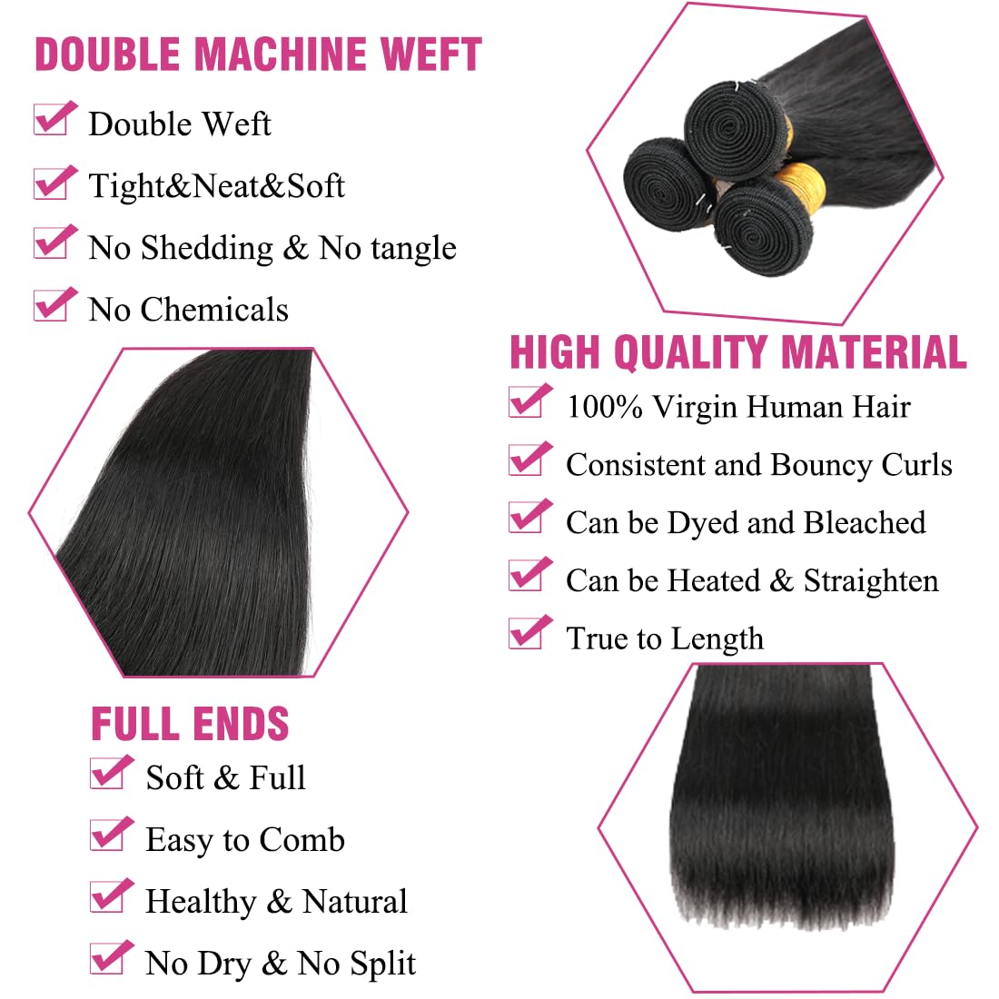 Brazilian Virgin Hair Extensions 3 Bundles - 100% Unprocessed Straight Human Hair 12/14/16 Inch Natural Black (100g±5g) | Heat Resistant & Dyeable | Perfect for Daily Styling, Parties & Special Occasions