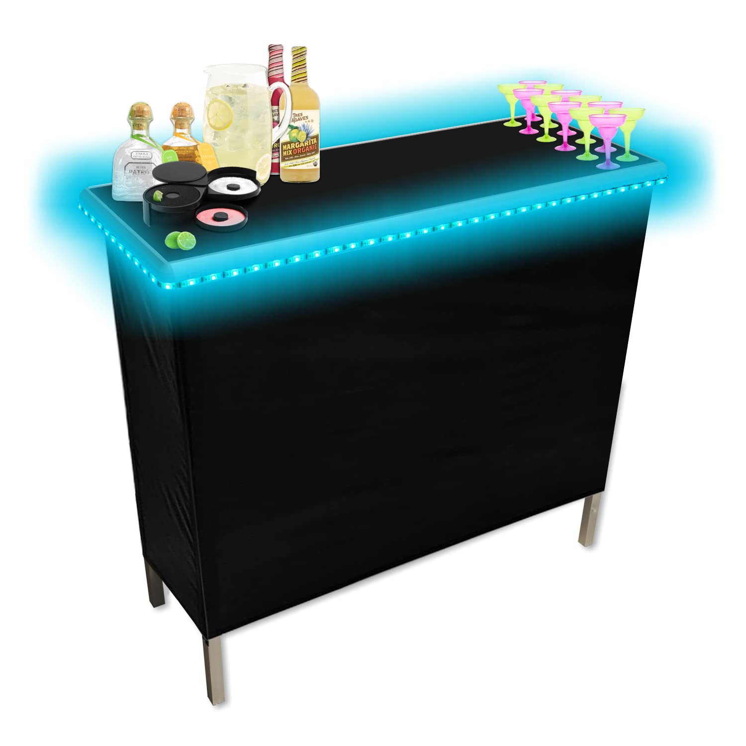 Portable Folding Party Bar with Multi-Color LED Lights, Black & Hawaiian Skirts & Storage Shelf - Perfect for Outdoor Events, BBQs & Home Entertaining