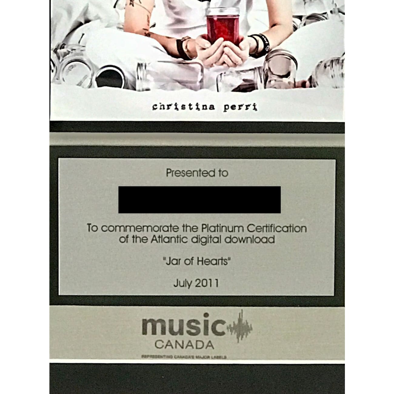 Christina Perri Jar Of Hearts CRIA Platinum Single Award - Perfect for Music Lovers, Collectors & Gift Giving