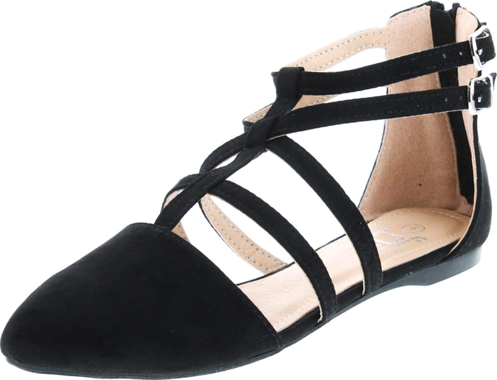 BETANI Abela-1 Women's Double Ankle Strap T-Strap Ballerina Flats - Comfortable Half Size Big for Casual Wear, Office & Special Occasions