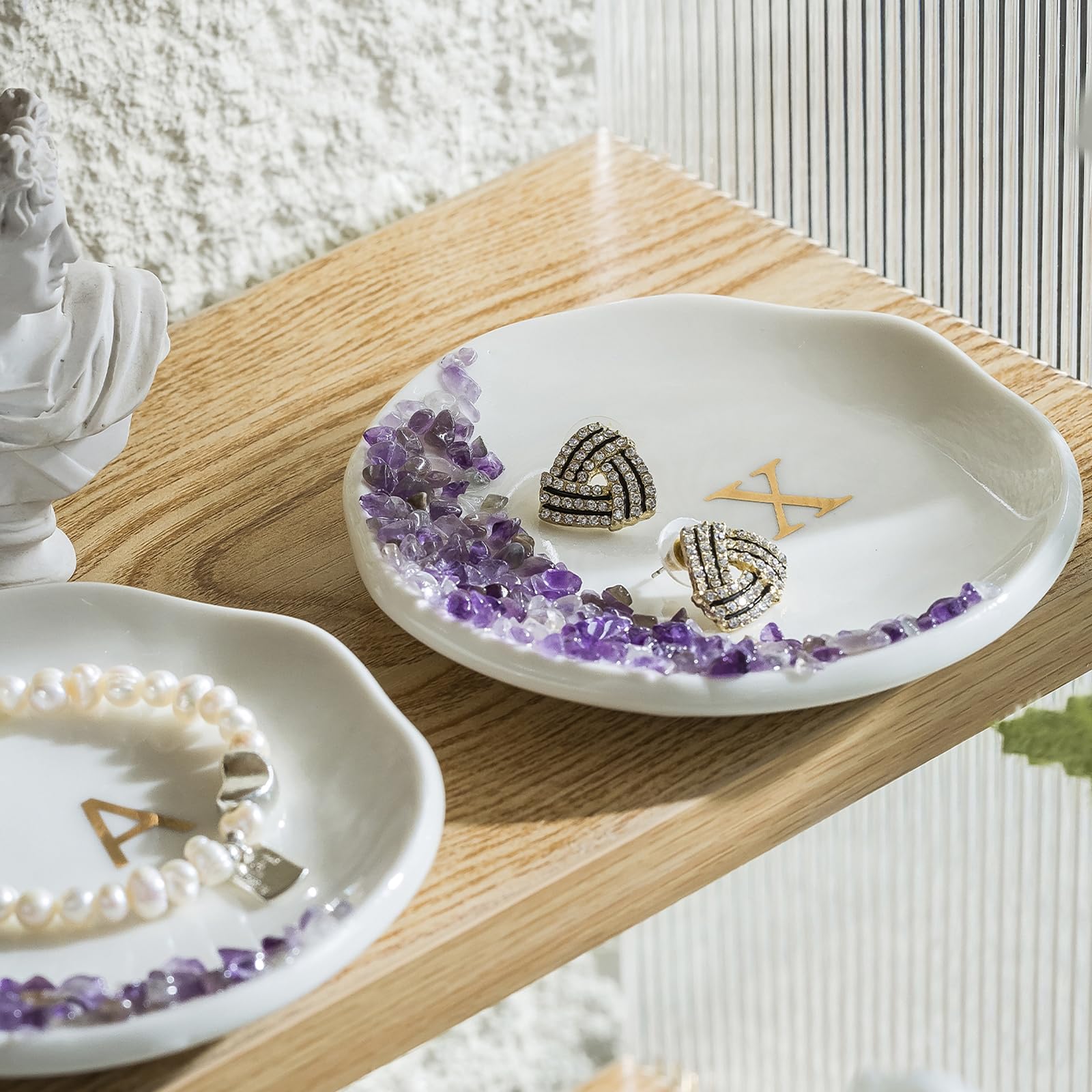 Personalized Crystal Initial Ring Dish - Engraved Monogram Jewelry Tray for Rings & Accessories - Elegant Ceramic White Engagement Gift, Wedding Gift for Bride & Women - Perfect for Vanity, Dresser & Bridal Shower Decor