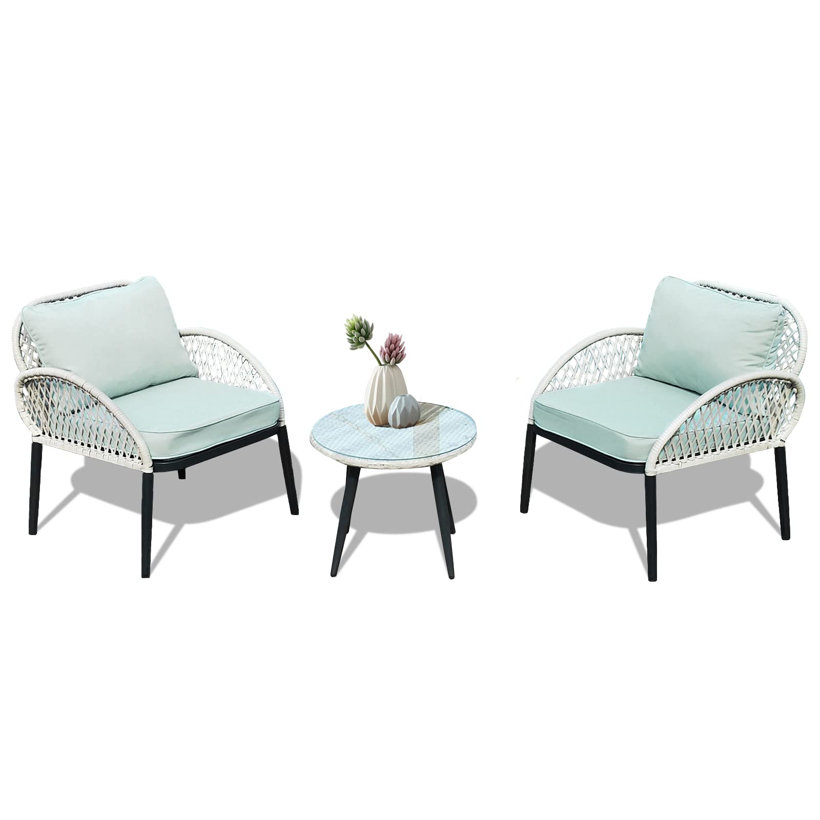 Tappio 3-Piece Patio Furniture Set - PE Rattan Wicker Outdoor Sofa Set with Washable Cushions & Tempered Glass Side Table - Garden, Poolside, Balcony Conversation Set for Relaxing & Entertaining