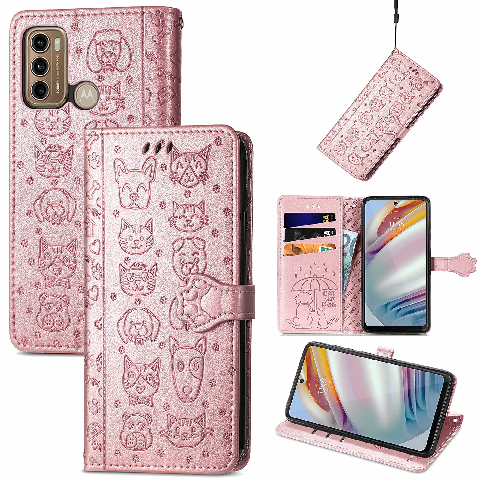 Cute Cartoon Wallet Case for Motorola Moto G60 - Cat & Dog Style Flip Phone Cover with ID Card Holder, PU Leather Protective Case (Rose Gold) - Perfect for Daily Use, Travel, and Work