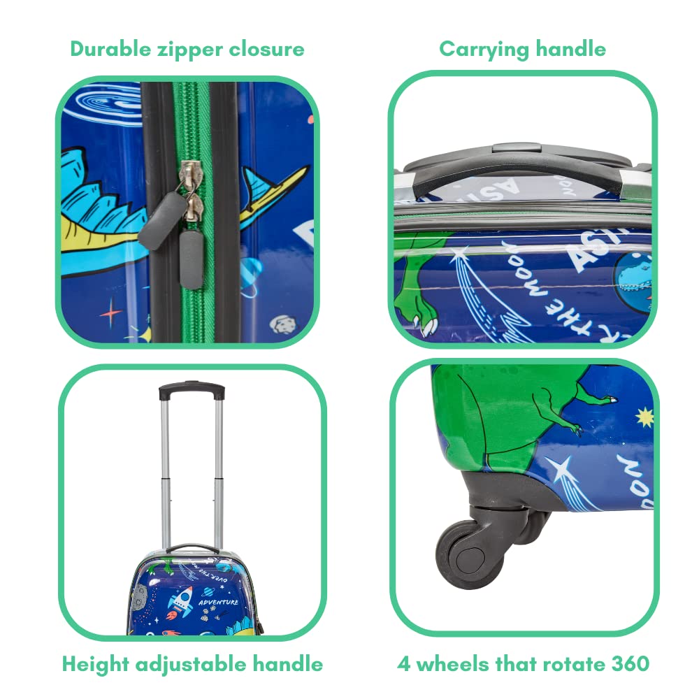 RALME 5-Piece Boys' Dinosaur Space Themed Travel Set - Rolling Suitcase, Backpack, Neck Pillow & Water Bottle Luggage Combo | Perfect for Kids Airplane Trips, Road Travel & School Adventures