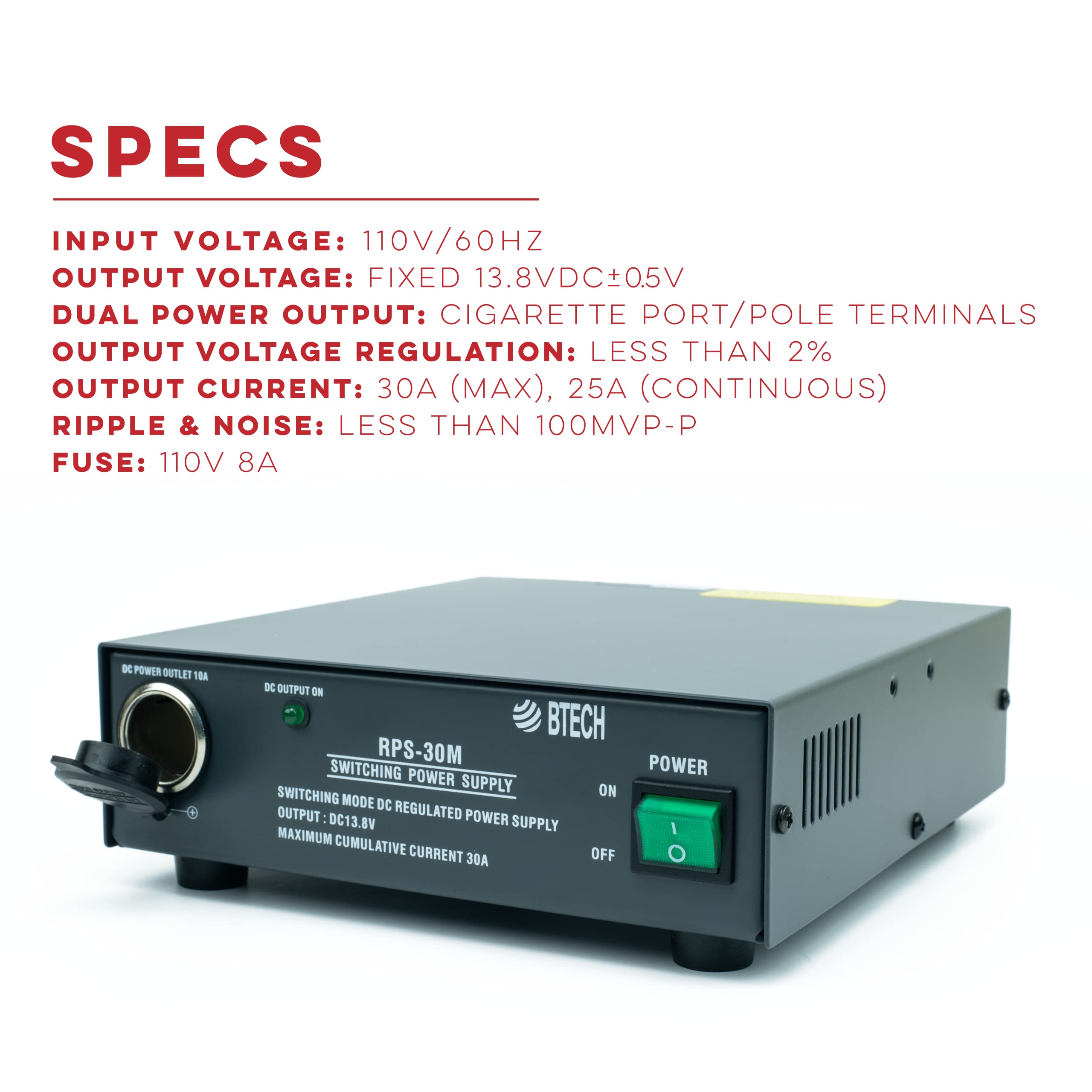 BTECH RPS-30M 30A Compact Regulated Bench Power Supply - 13.8V AC/DC Converter with Screw Terminals & Cigarette Lighter Plug for Car Audio, Ham Radio & Electronics Testing