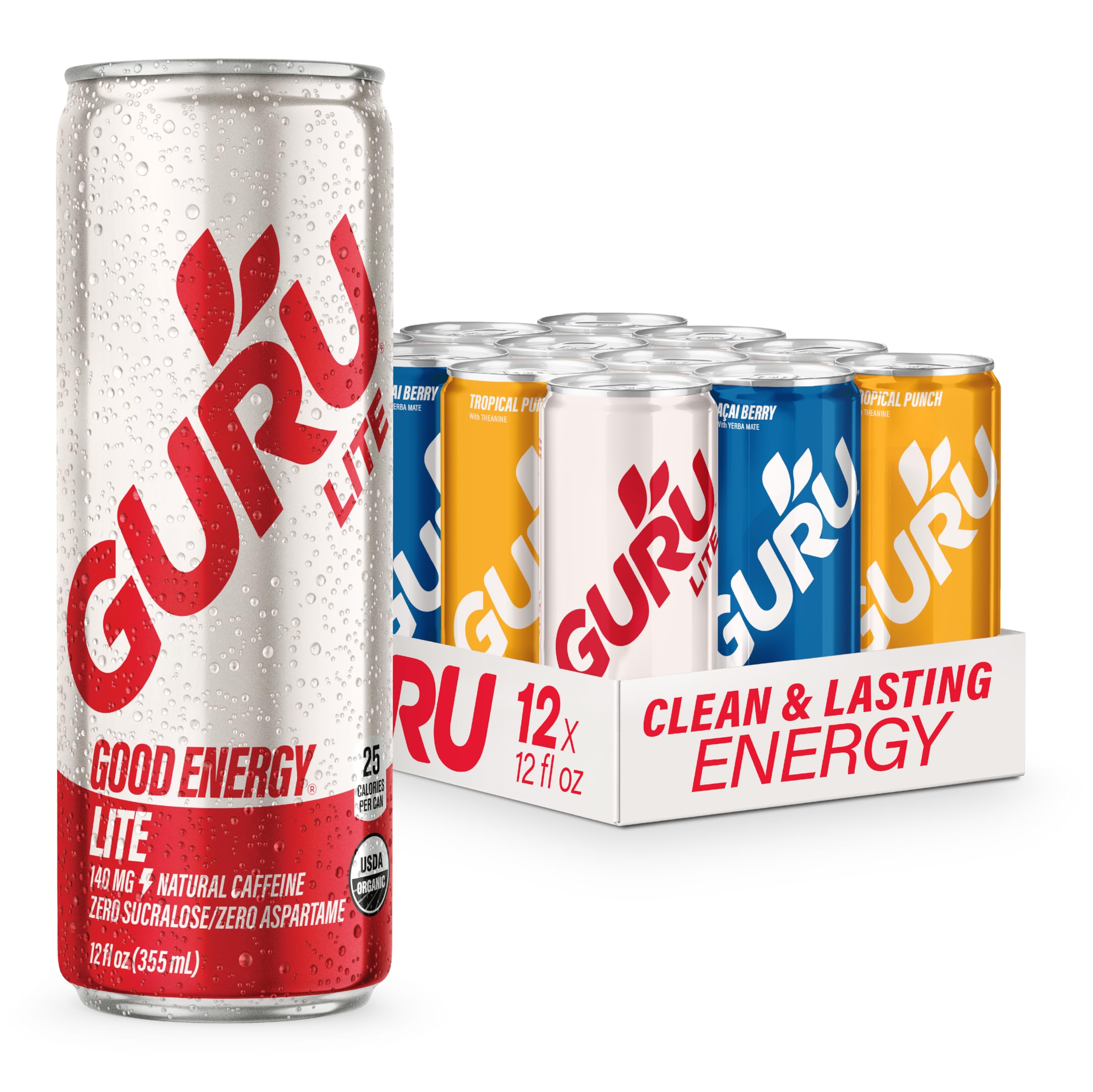 GURU Organic Energy Drinks Variety Pack - 12 Pack of 12oz Clean Energy Drinks with Plant-Based Caffeine from Green Tea | Gluten Free, Vegan, 140mg Caffeine | Boost Focus for Workouts, Study & Outdoor Activities