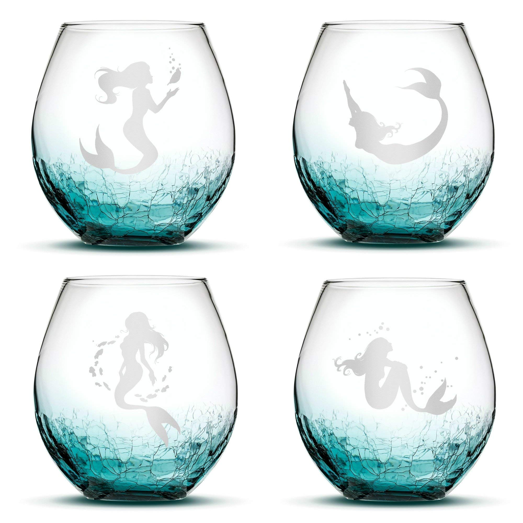 Handmade Handblown Mermaid Design Stemless Wine Glasses Set of 4 - 18oz Sand Carved Crackle Teal - Unique Hand Etched Glassware for Wine Lovers, Perfect for Gifts, Parties & Home Decor