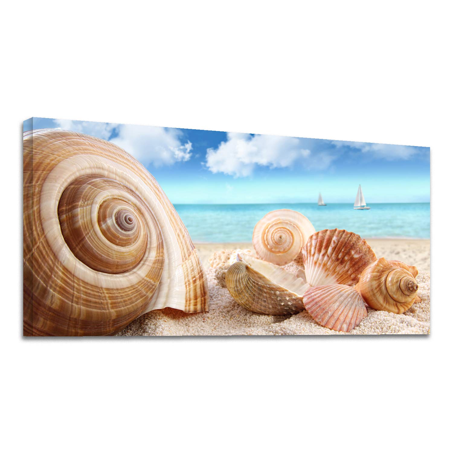 Looife Ocean Theme Canvas Wall Art - 40x20 Inch Beach Seashell and Conch Painting Under Blue Sky, Nature Scenery Wall Decor Ready to Hang | Perfect for Living Room, Bedroom, Office & Coastal Home Decor