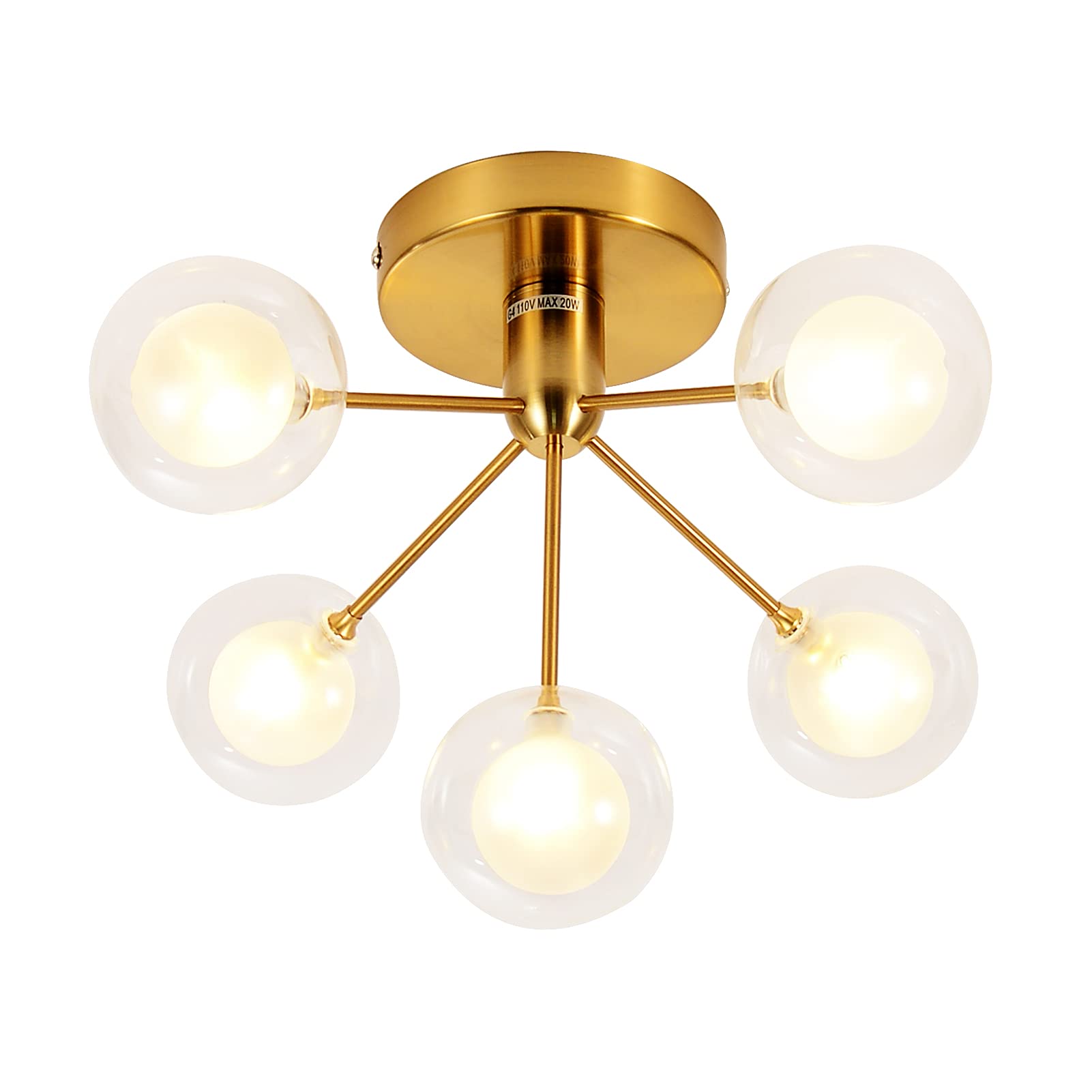 5-Lights Semi Flush Mount Ceiling Light Fixture - Modern Gold Farmhouse Lighting with Glass Globe - Perfect for Bedroom, Living Room, Dining Room, Kitchen, Hallway & Entryway - Ideal for Home Decor, Interior Design and Ambient Lighting