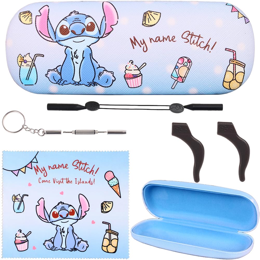 Cute Cartoon Hard Shell Eyeglass Case with Cleaning Cloth & Strap - Protective Eyewear Storage Box for Women Teens - Perfect for School, Travel, and Daily Use