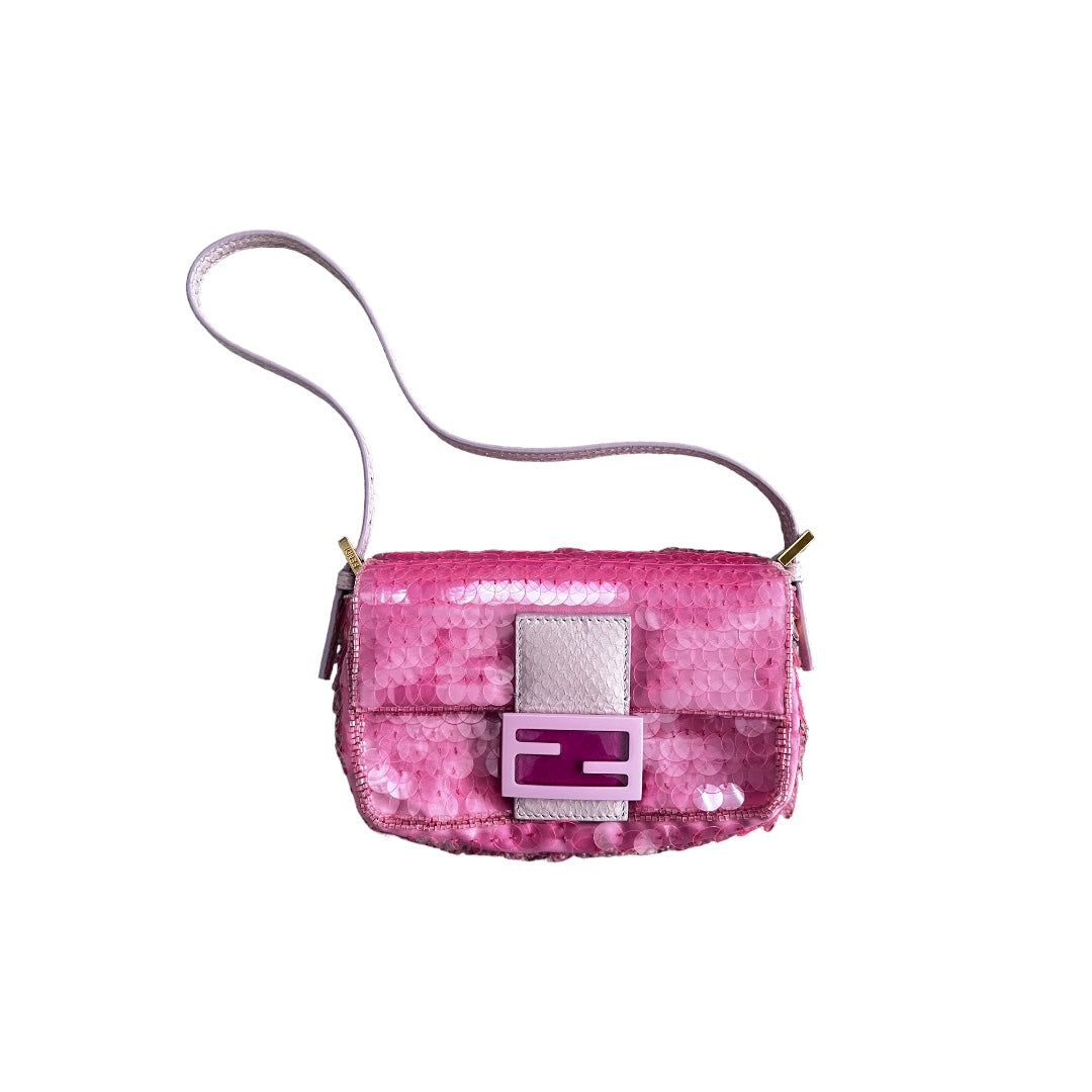 Fendi Pink Mini Sequin Baguette Bag - Elegant Evening Clutch for Parties, Weddings & Special Occasions