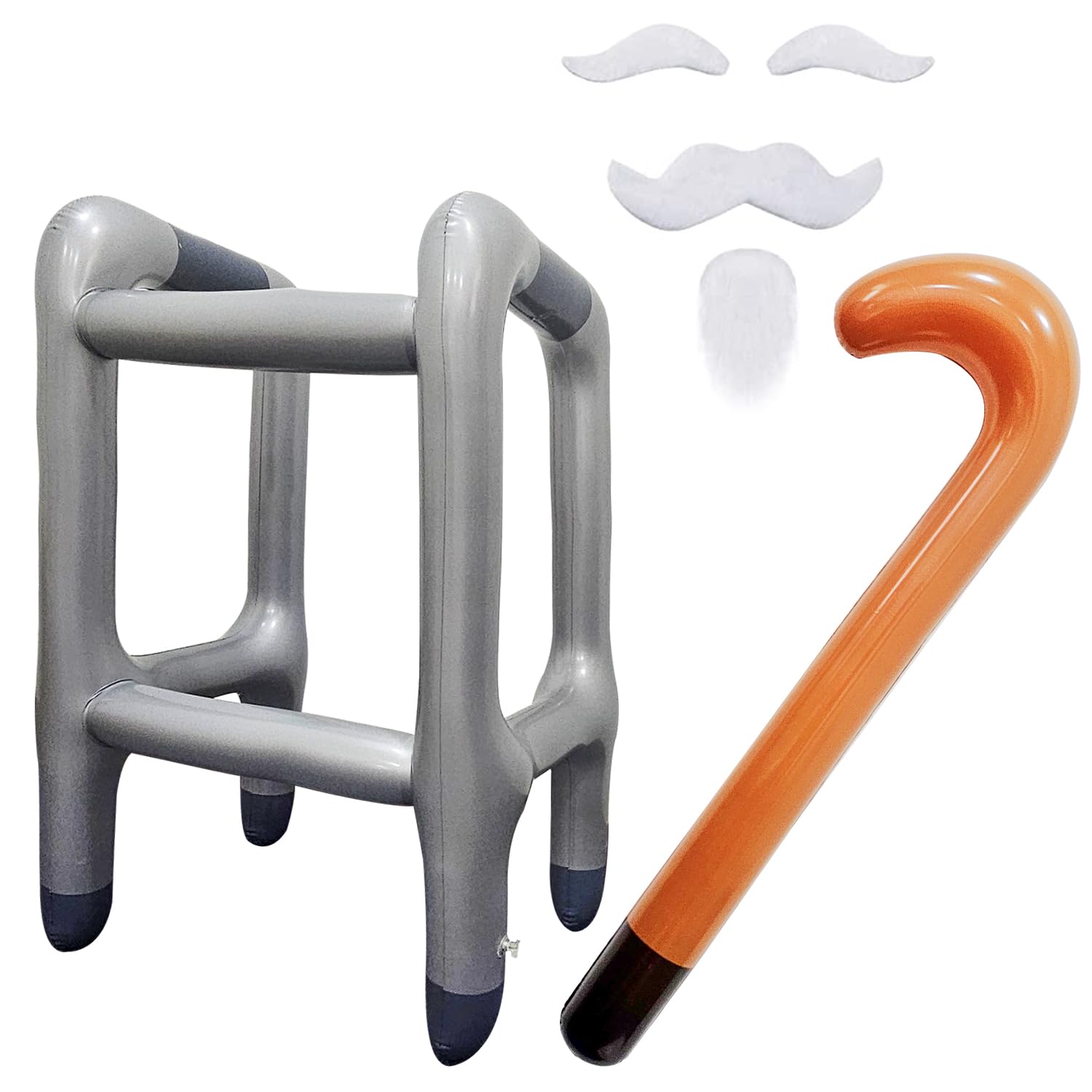 2 Pcs Inflatable Walker and Cane with Beard - Funny Old Age Costume Accessories for Men & Women - Retirement Gag Gift, Party Decoration - Perfect for Halloween, Themed Parties, and Practical Jokes