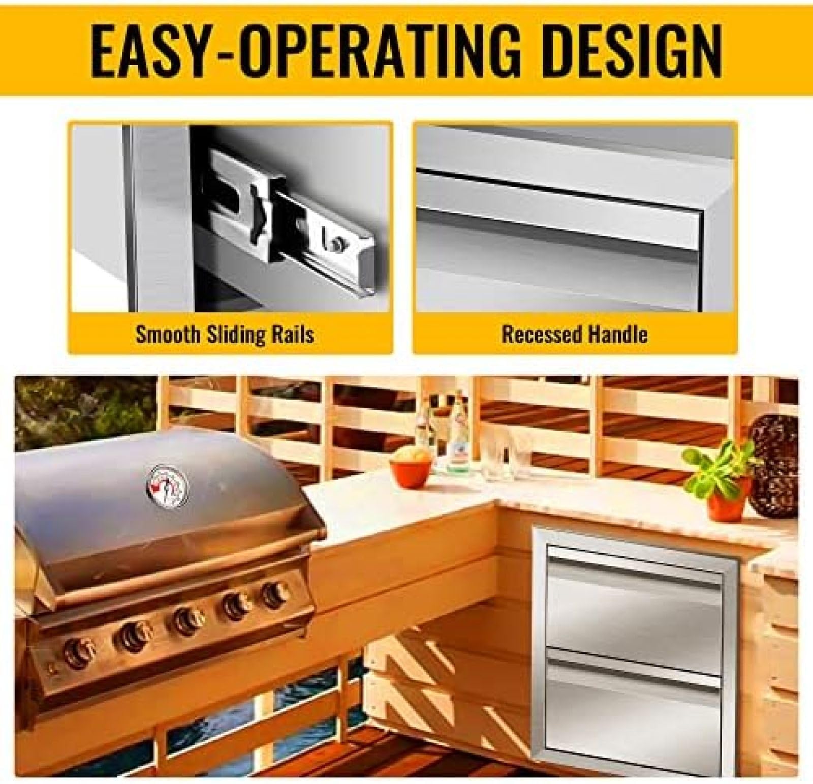 Stainless Steel Outdoor Kitchen Drawers - 14W x 15H x 23D Inch Flush Mount BBQ Storage Drawers for Grill Station & Patio Island - Double Layer Access Organization for Utensils, Spices & BBQ Tools - Perfect for Backyard Entertaining & Outdoor Cooking