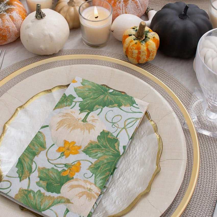 Caspari Premium Heirloom Pumpkins Grey and White Cotton Napkins - Elegant Fall Table Setting for Thanksgiving and Autumn Dinner Parties