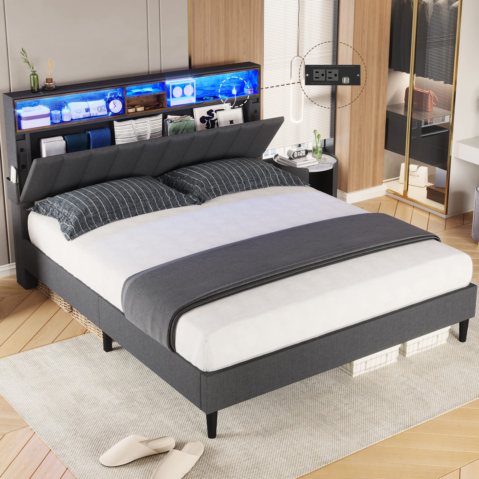 Tiptiper LED Lights Headboard Queen Size Platform Bed Frame with USB Ports & Outlets, Upholstered Storage Bed - No Box Spring Needed, Dark Grey - Perfect for Modern Bedrooms & Small Spaces
