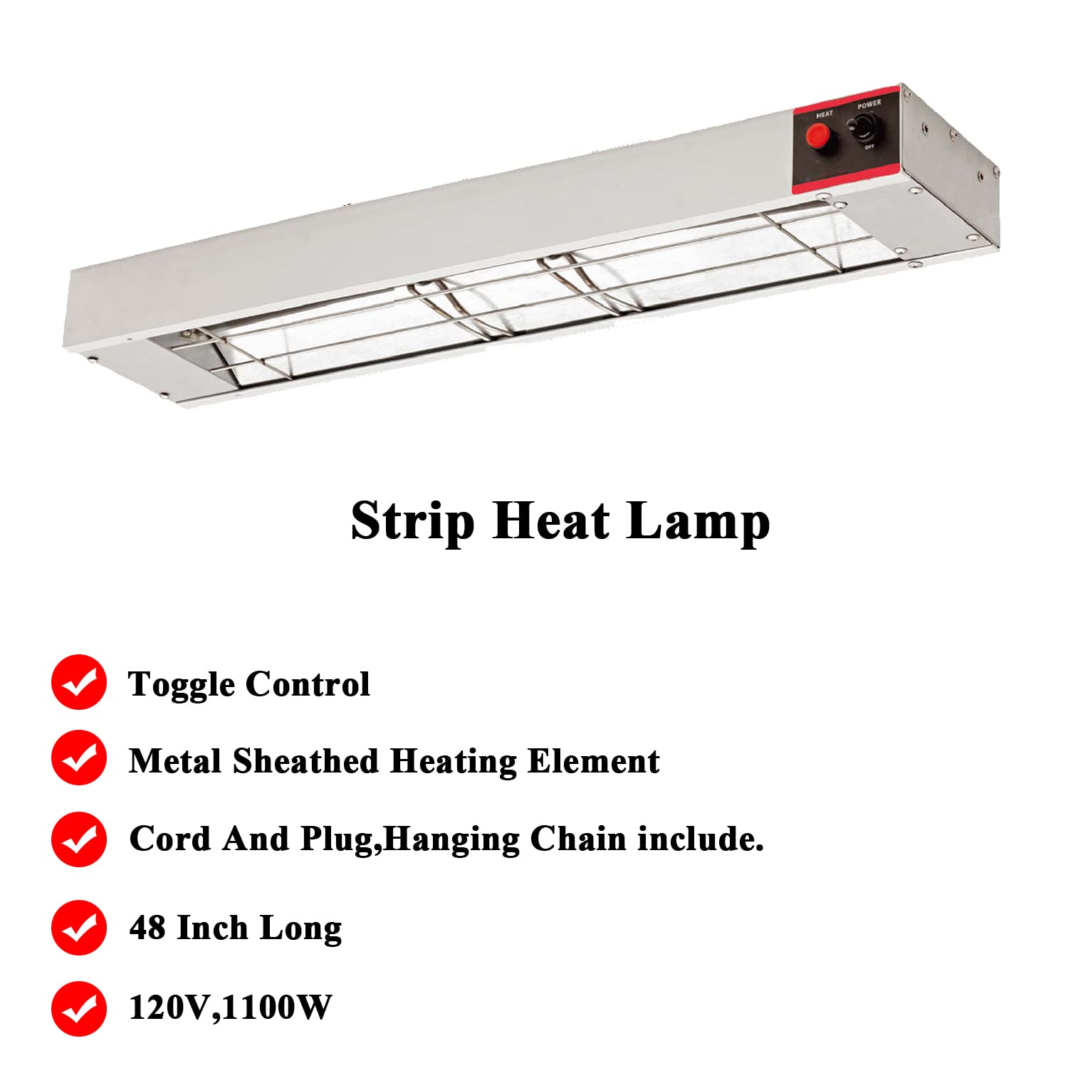 48 Inch Commercial Food Heat Lamp - 1100W Overhead Food Warmer with Adjustable Chain & US Plug (110V) - Perfect for Restaurants, Buffets, and Catering Services