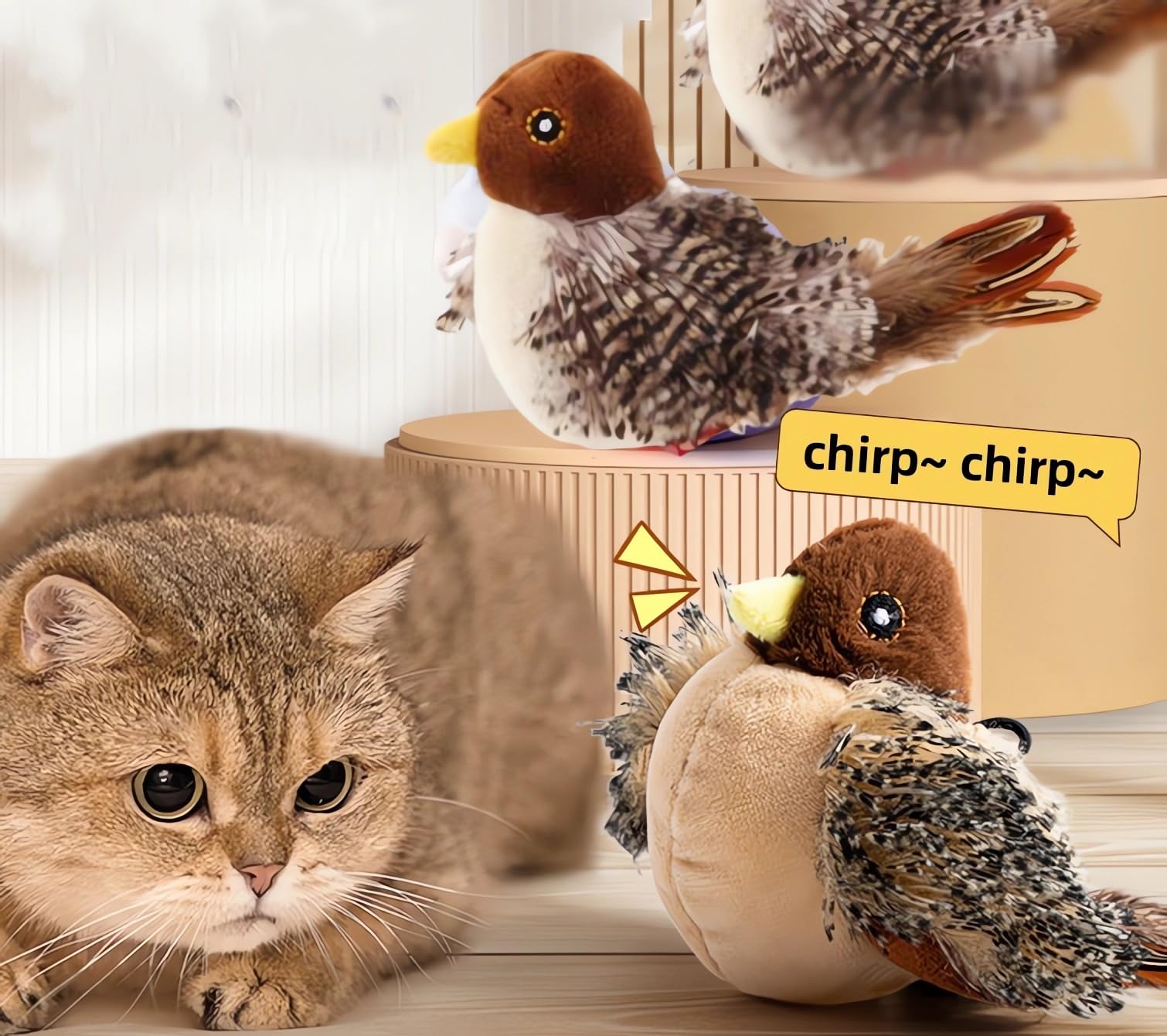 Interactive Chirping Bird Cat Toy with Flapping Wings - Automatic Motion Cat Kicker Toy for Exercise & Play - Realistic Simulated Bird Sound to Relieve Boredom - Perfect for Indoor Cats & Solo Playtime Fun