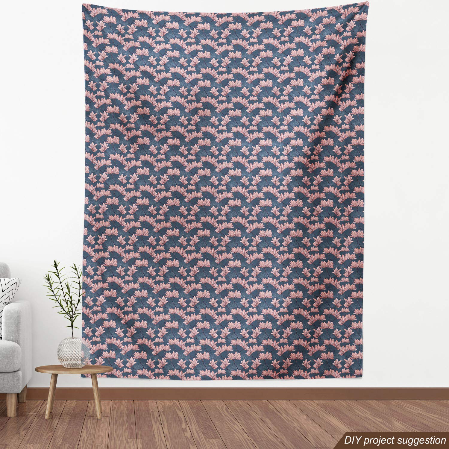 Ambesonne Japanese Style Magnolia Flowers Fabric by The Yard - 2 Yards Dark Blue Coral Floral Print - Decorative Upholstery Fabric for Sofa, Curtains & Home Decor - Perfect for DIY Projects, Pillow Covers & Table Runners