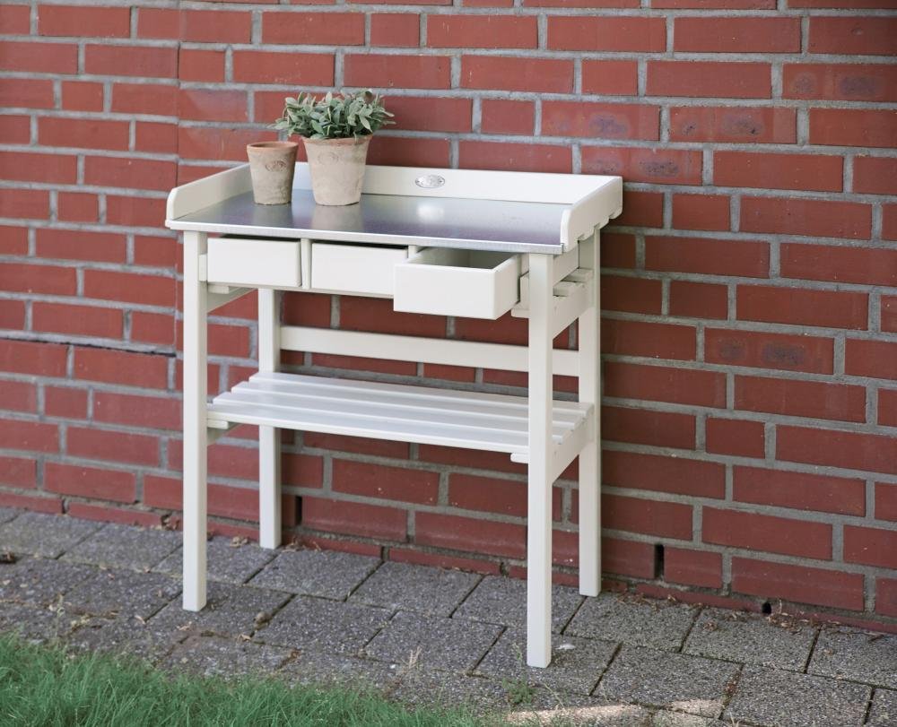 Esschert Design White Garden Work Bench - Heavy Duty Outdoor Workstation for Gardening, Potting, and DIY Projects