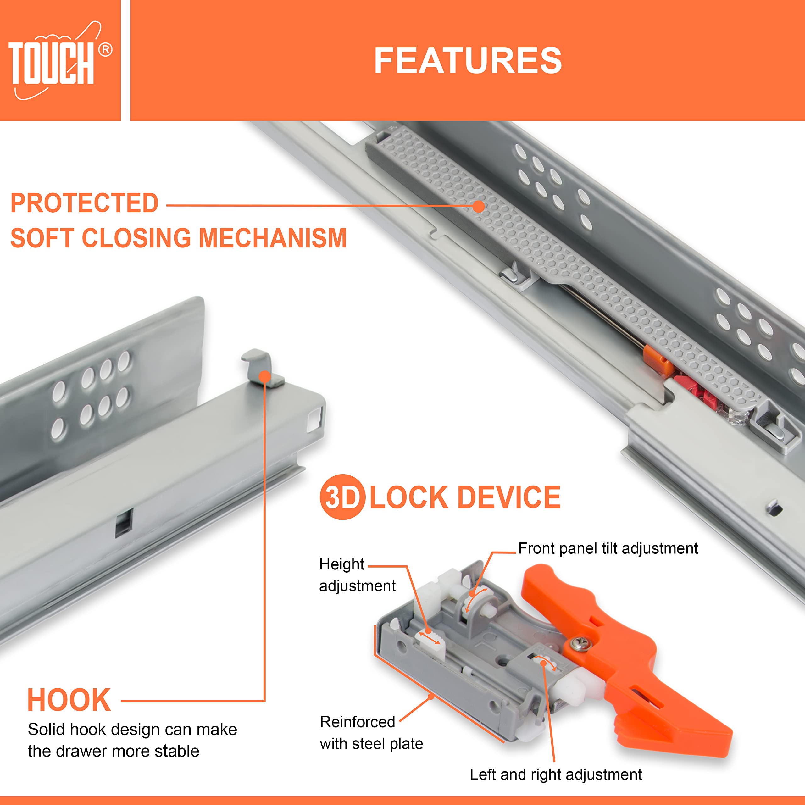 TOUCH 3/4 Inch Under-Mount Drawer Slides - 5 Pairs (12 Inch/305mm) Soft Close Concealed Bottom Drawer Runners for Kitchen & Dresser - 75 LB Capacity, 3D Adjustable Lock Device - Perfect for Cabinets, Wardrobes & Furniture Assembly