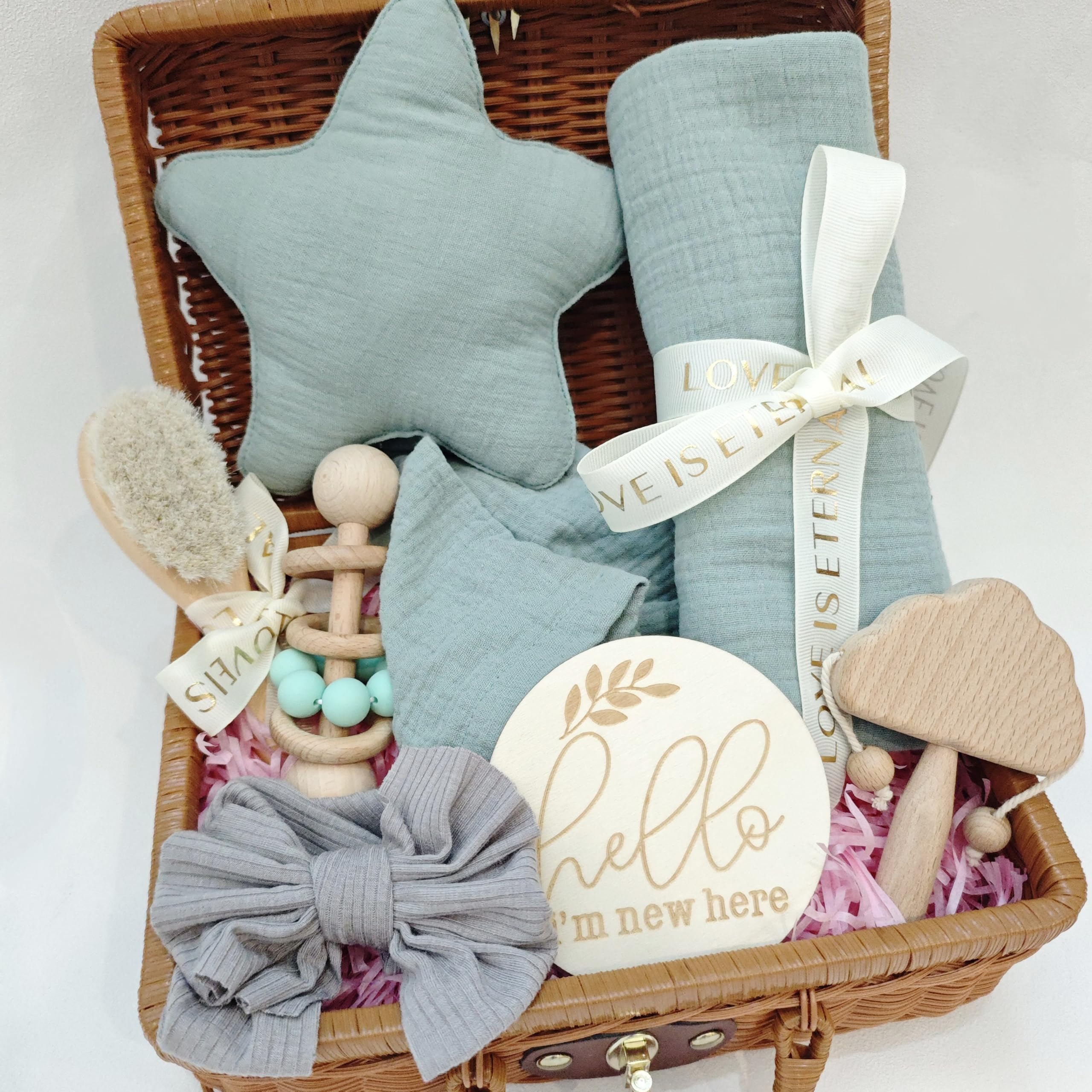 8-in-1 Premium Baby Gift Set for Newborns - Soft Star Security Blanket, Cotton Swaddle, Baby Rattle & Wooden Milestone Cards (Blue) - Perfect Baby Shower Gift for Boys & Girls, Newborn Essentials & First Birthday Present