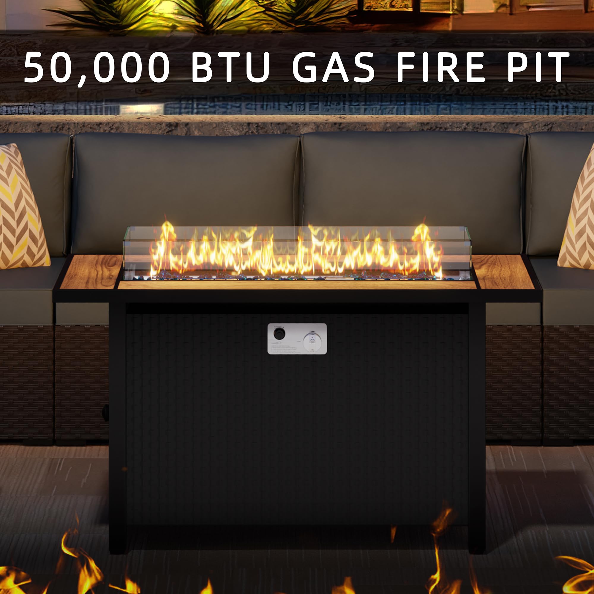 JAMFLY 45 Inch Propane Fire Pit Table - 50,000 BTU Outdoor Gas Fire Pit with Glass Wind Guard & Blue Glass Rocks - Waterproof Cover Included - Perfect for Patio, Backyard, and Garden Gatherings (Gray)