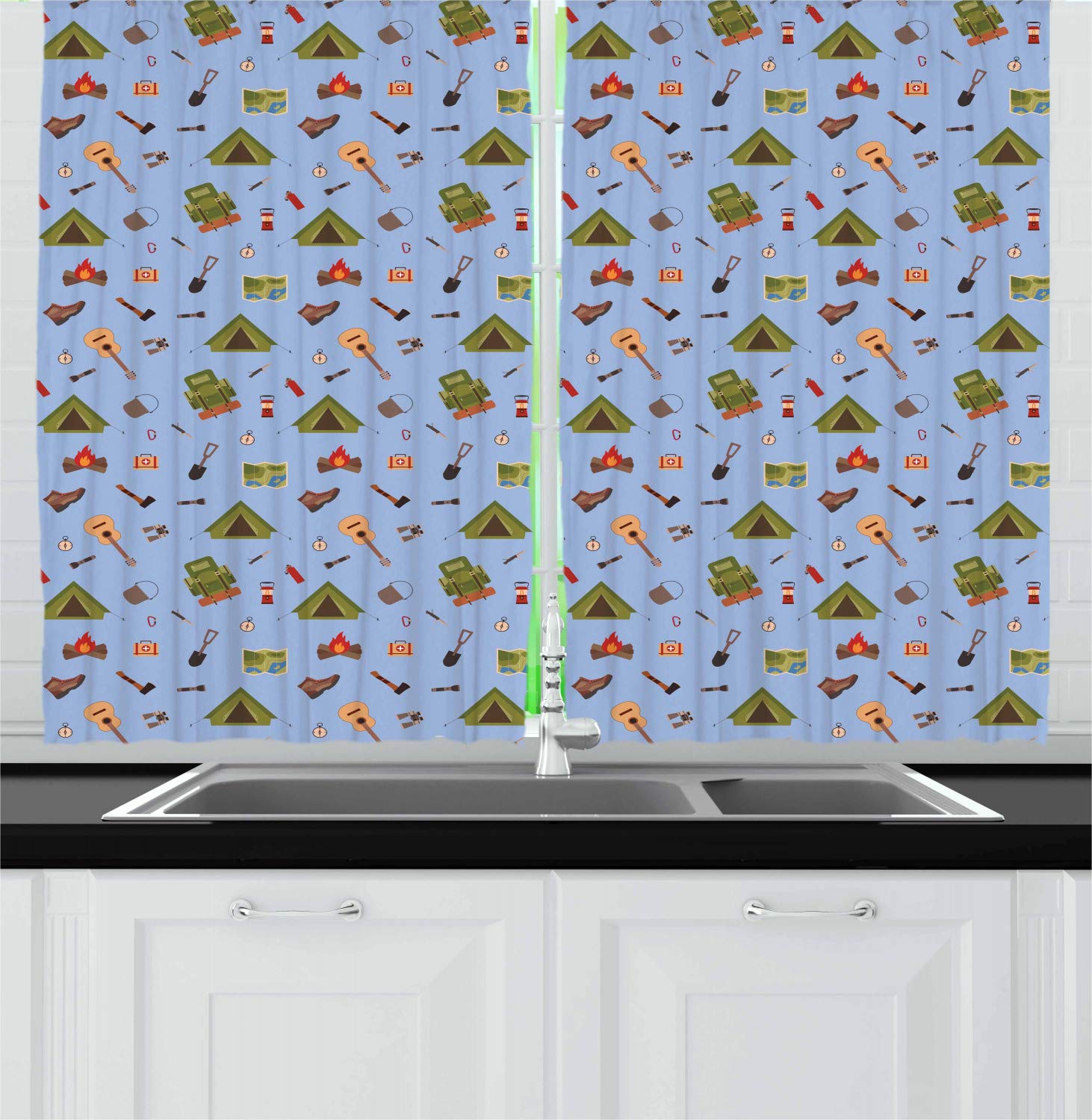 Ambesonne Vibrant Kitchen Curtains Set - 2 Panels with Camping Theme Design (Tent, Guitar, Campfire & Boots) - 55 x 39 Inch Colorful Window Drapes for Kitchen & Cafe Decor - Perfect for Rustic Cabins, RV Campers & Cozy Coffee Shops