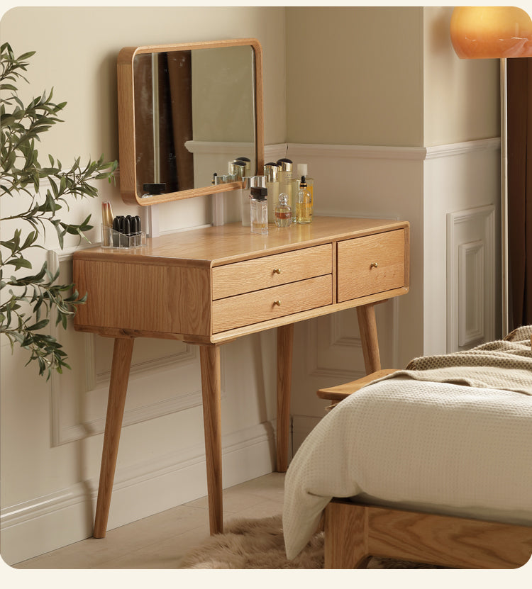 Stylish Oak Solid Wood Modern Dressing Table with Large Mirror - Perfect for Bedroom Vanity, Makeup Station & Home Decor