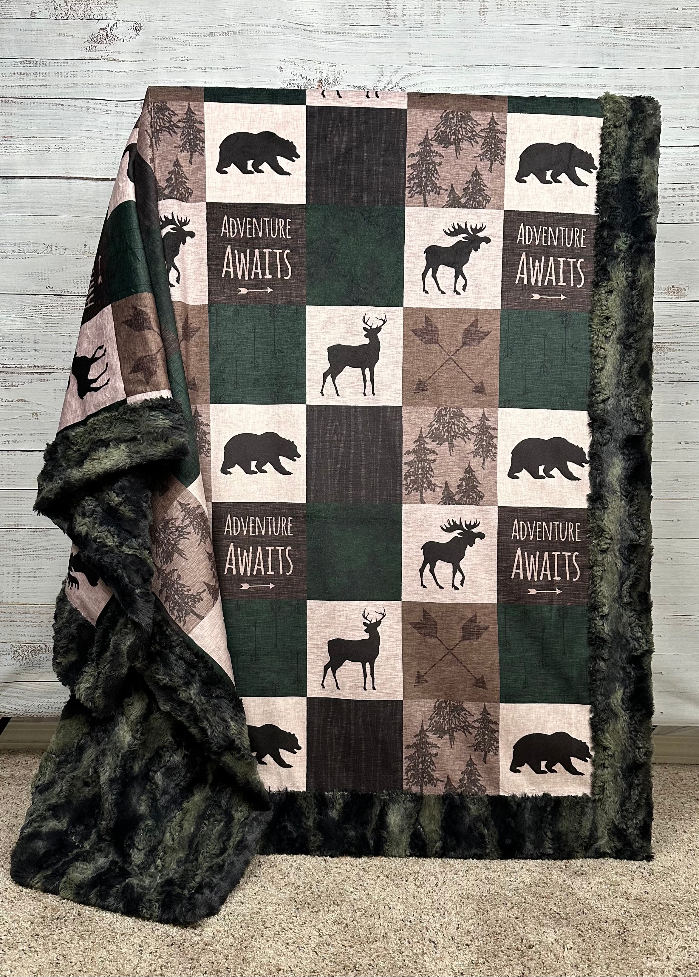 Adventure Awaits Camo Luxe Large Minky Blanket 55x79 Inches - Green & Brown Patchwork Design - Soft Plush Throw for Camping, Home Decor, and Outdoor Adventures