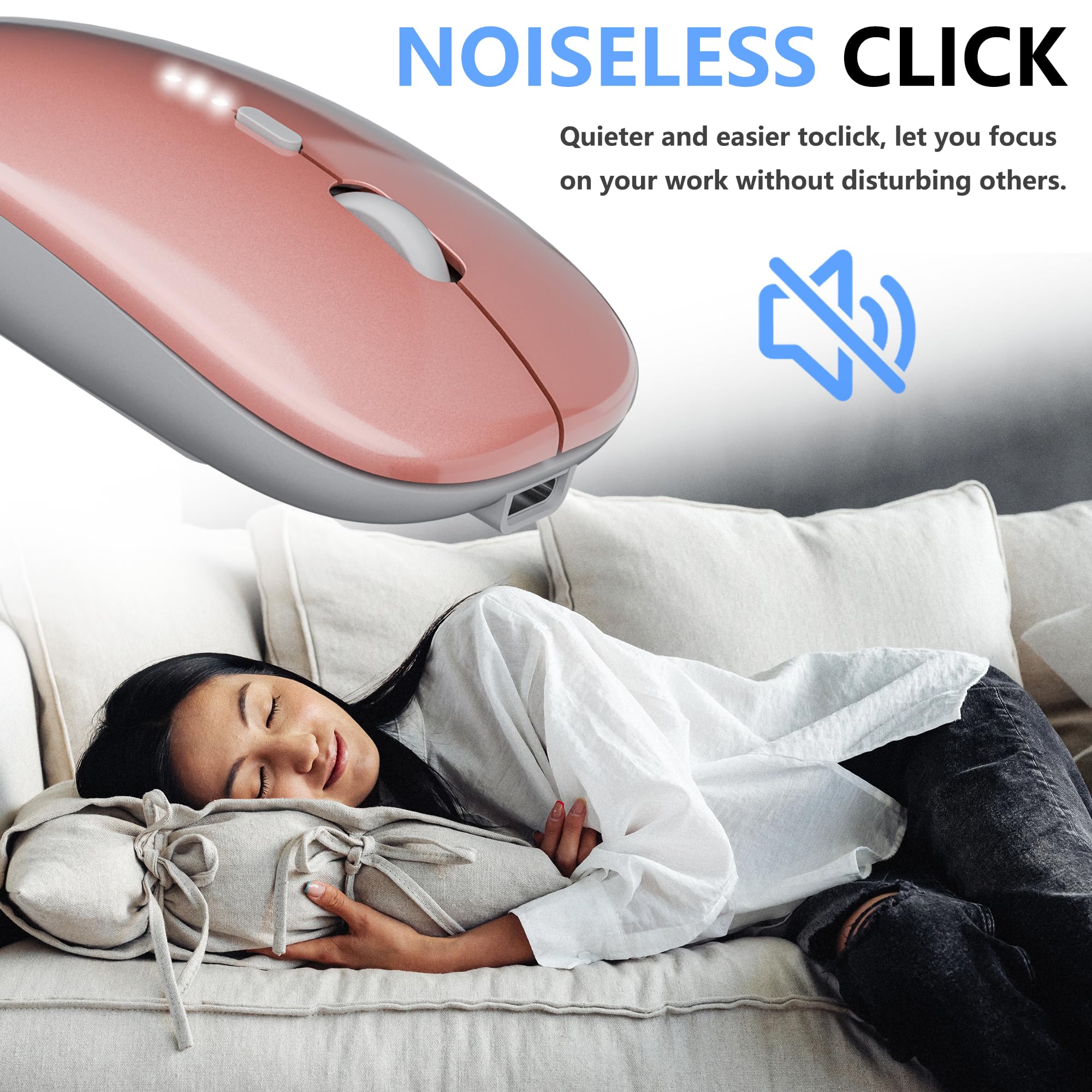 Ultra-Thin 2.4G Wireless Silent Mouse with USB Receiver - Rechargeable Ergonomic Office Mouse for Laptop, PC, MacBook, Notebook & Computer (Rose Gold) - Perfect for Home, Office & Travel Use