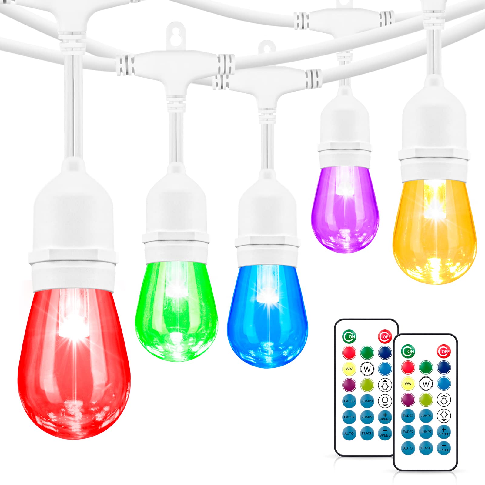 48FT Outdoor Patio String Lights - 15 Dimmable LED Shatterproof Bulbs, 6 RGB Lighting Modes, Weatherproof for Deck Porch Gazebo Garden (White, 1 Pack) - Perfect for Backyard Parties, Wedding Decor & Cafe Ambiance