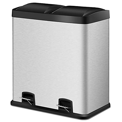 16 Gallon Stainless Steel Dual Step Trash Can with Pedal - Double Bucket Recycling Bin for Kitchen, Bathroom & Office - Odor Control & Hands-Free Operation